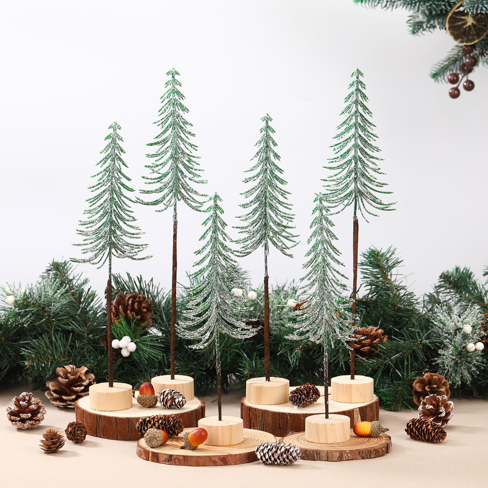 Jetec 6 Pcs Tabletop Mini Christmas Tree Small Alpine Trees Artificial Pine Christmas Tree with Wooden Base Snow Frost Trees or 