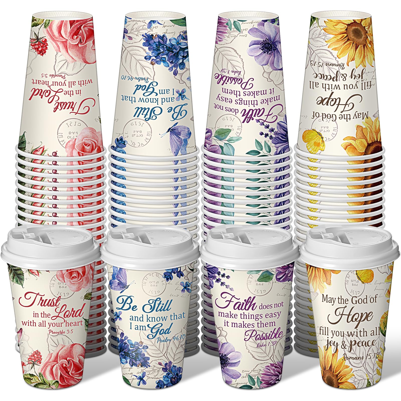 Dandat 100 Pcs Christian Coffee Cups with Lids 16 oz Floral Scripture