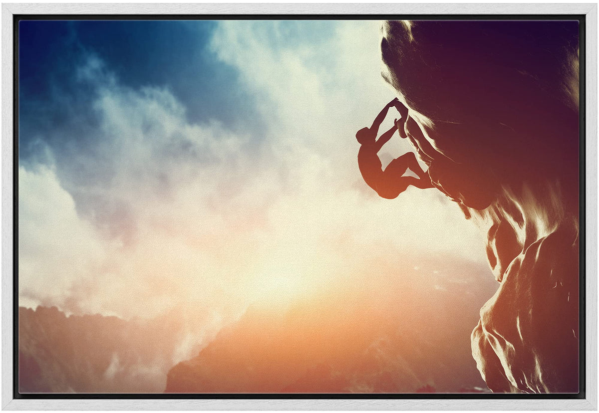 Framed Canvas Prints Wall Art - Man Climbing On Rock Mountain At Sunset/Art Of Ambition | Modern Home Deoration/Wall Art Giclee