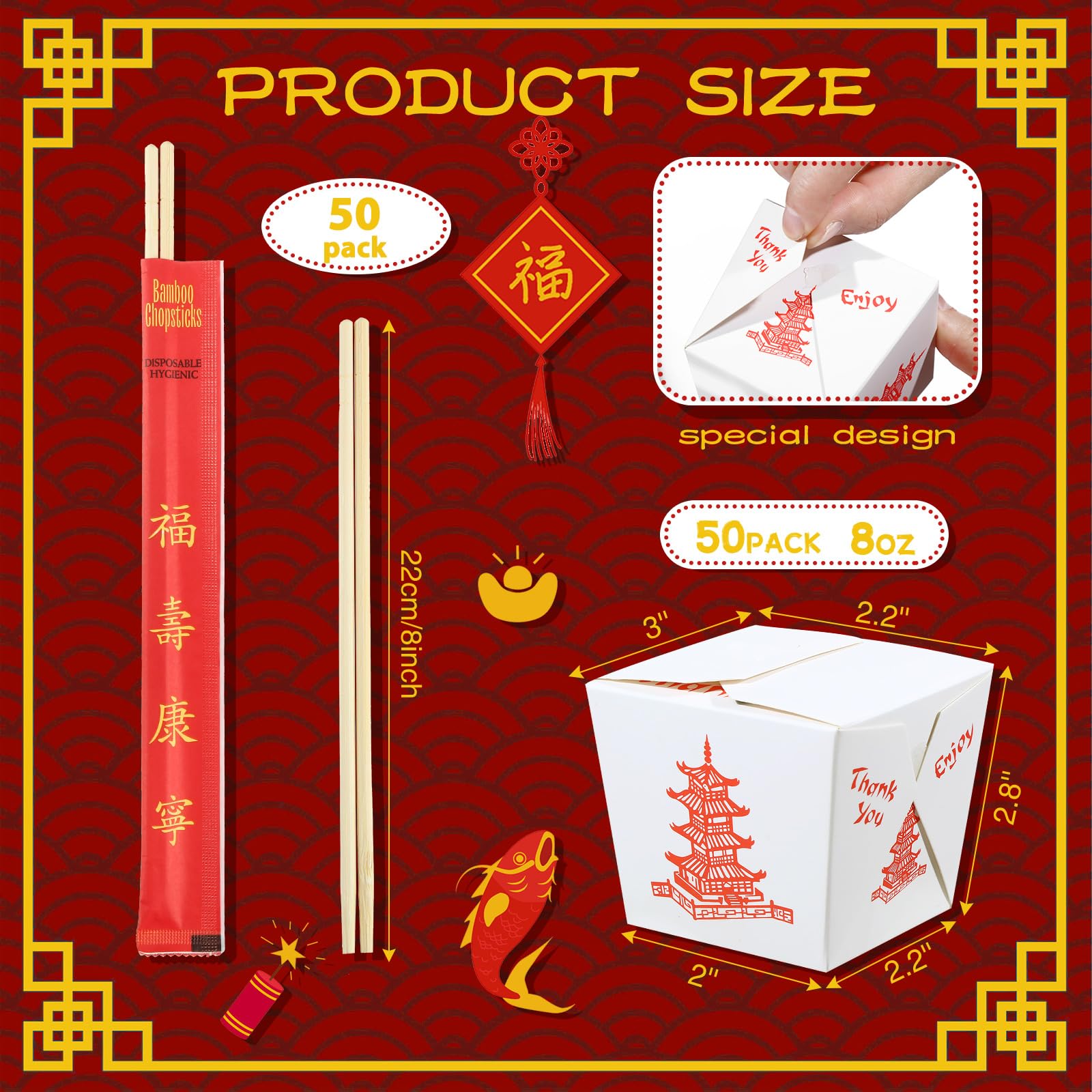 50 Sets 16 oz Chinese Take out Boxes with Chopsticks  Pagoda Paper Food Containers with Sleeved and Separated Disposable Chopsticks for Asian Party Decorations Favor Birthday Wedding Restaurant