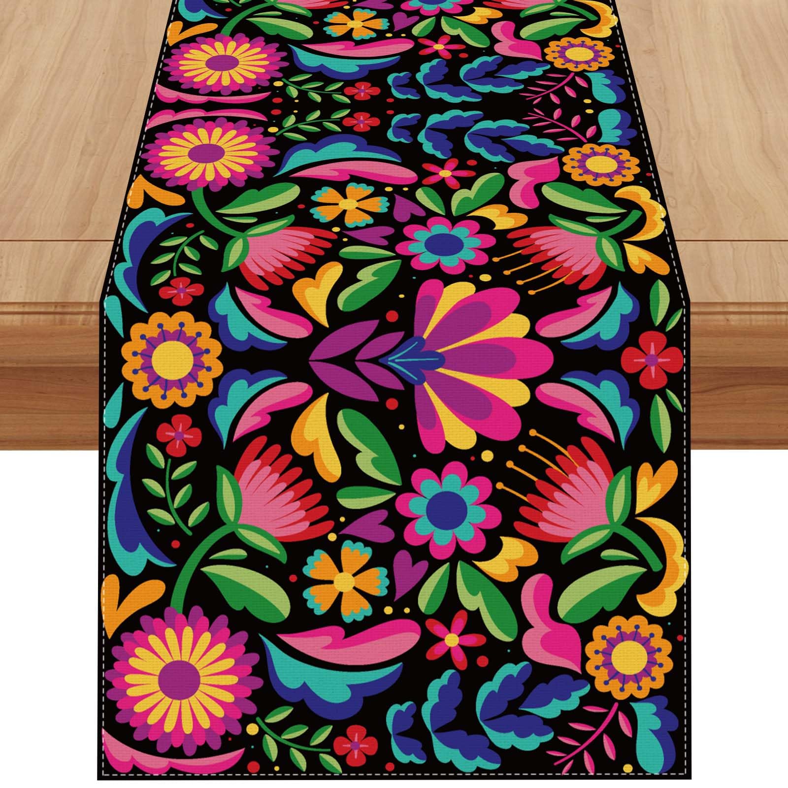 Jiudungs Linen Mexican Fiesta Table Runner, 90" Long, Red, Dia De Los Muertos Decor, Model LYN-1256-90-A