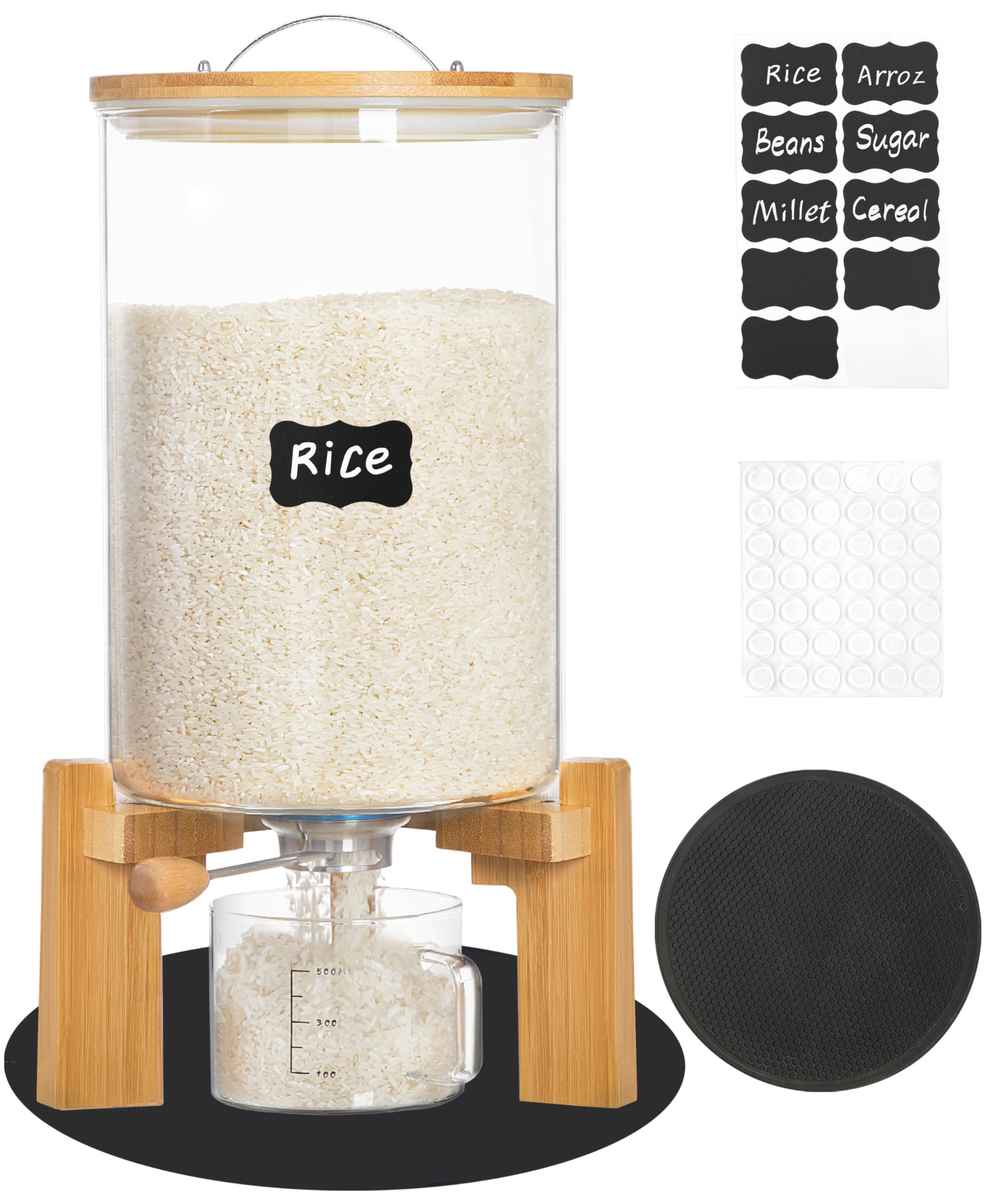 Famyards Glass Rice Dispenser With Wooden Stand Flour And Cereal Container With Glass Measuring Cup & Labels & Slider Mat Pantry