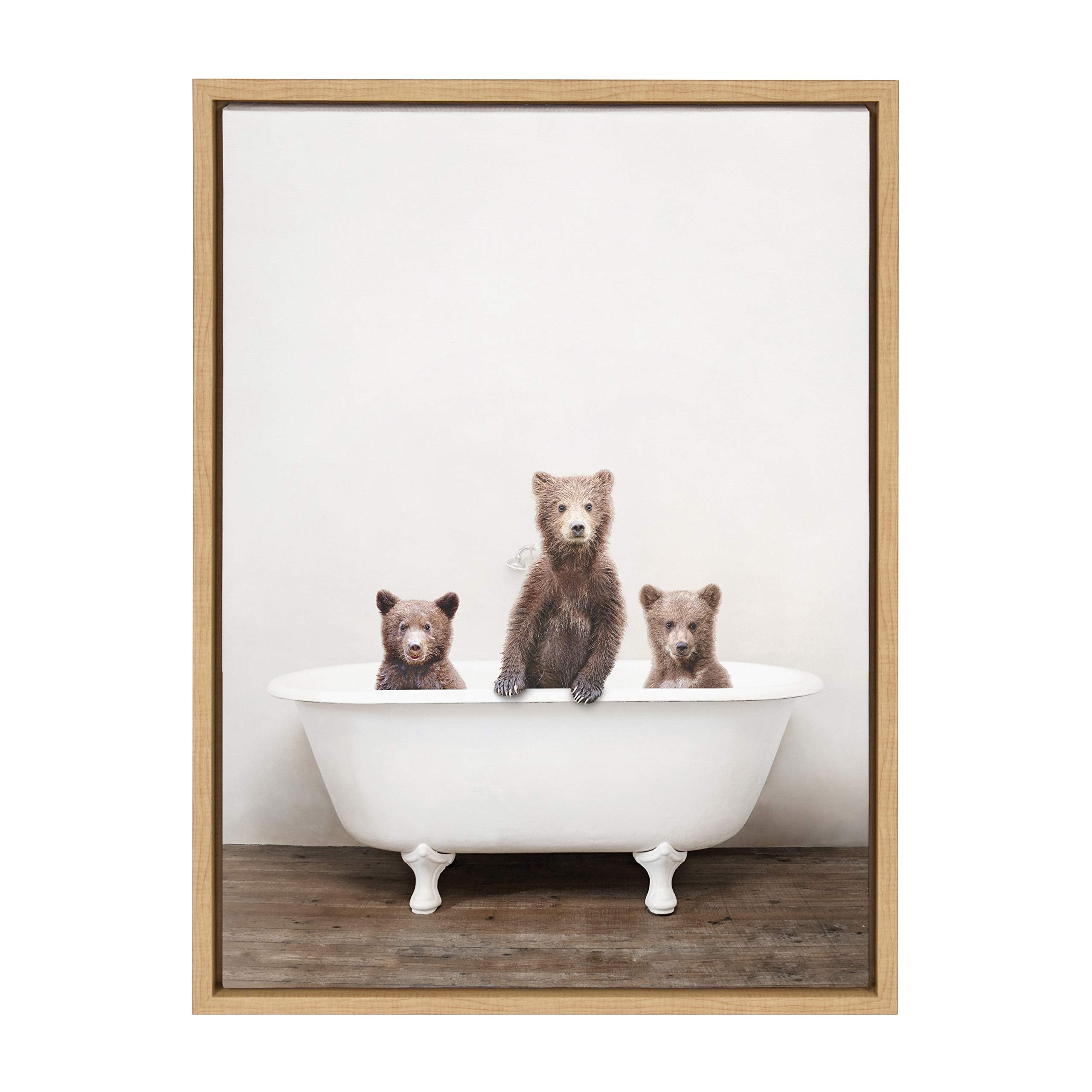 Kate And Laurel Sylvie Three Little Bears In Vintage Bathtub Framed Canvas Wall Art By Amy Peterson, 18X24 Natural, Adorable Ani