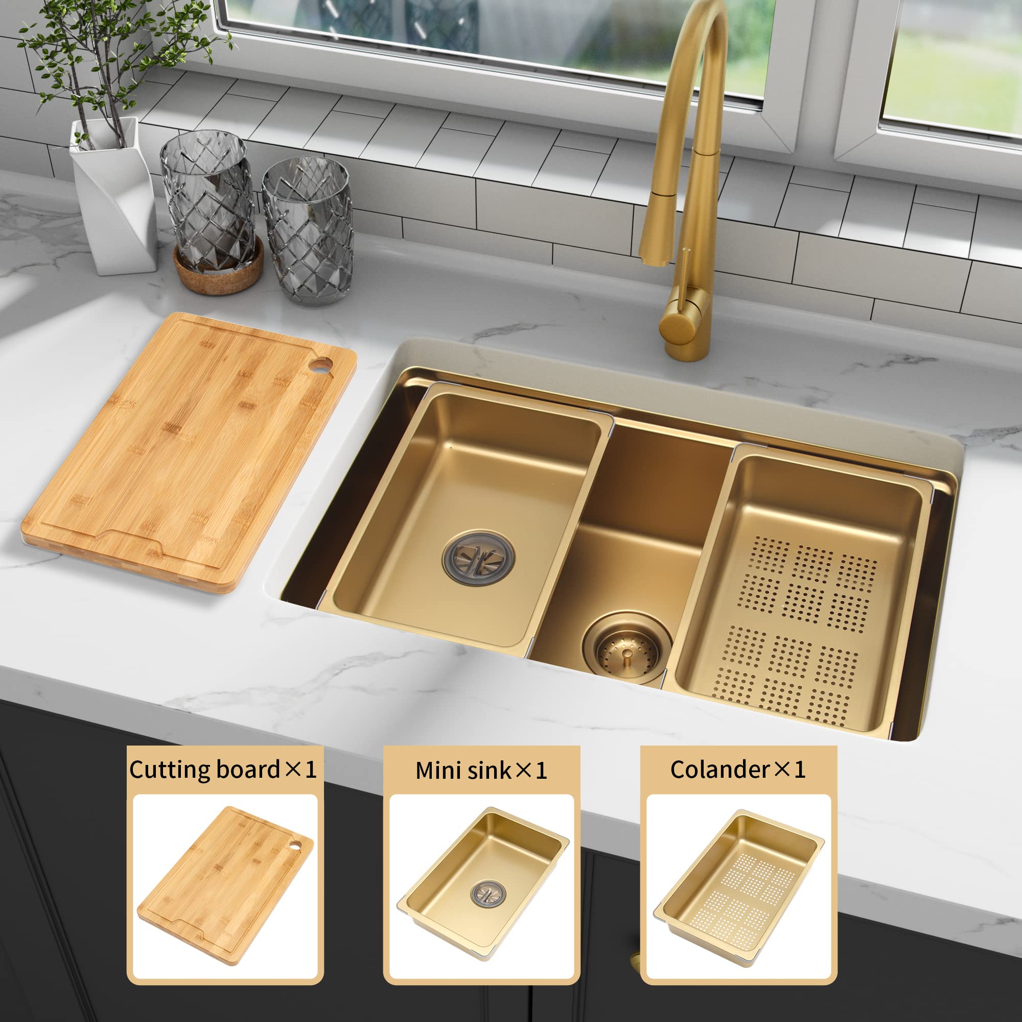 MILOSEN Gold Undermount Kitchen Sink 32?18 Inch  Stainless Steel Workstation Kitchen Sink  Single Bowl Kitchen Sinks with Kitchen Sink Strainer