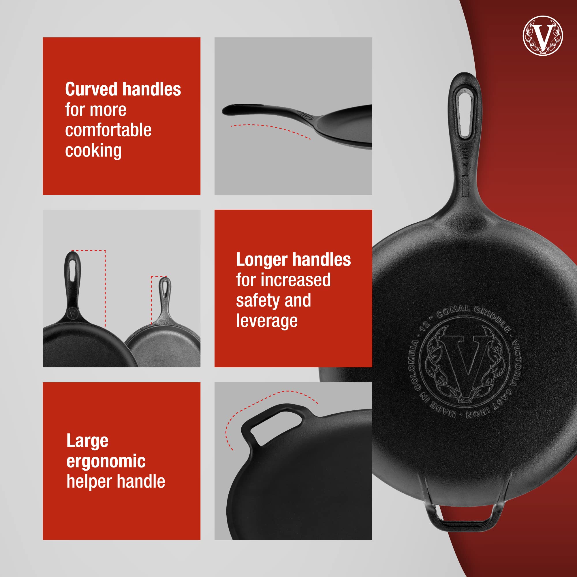 Victoria 12-Inch Cast Iron Comal Pizza Pan With A Long Handle And A Loop Handle, Preseasoned With Flaxseed Oil, Made In Colombia