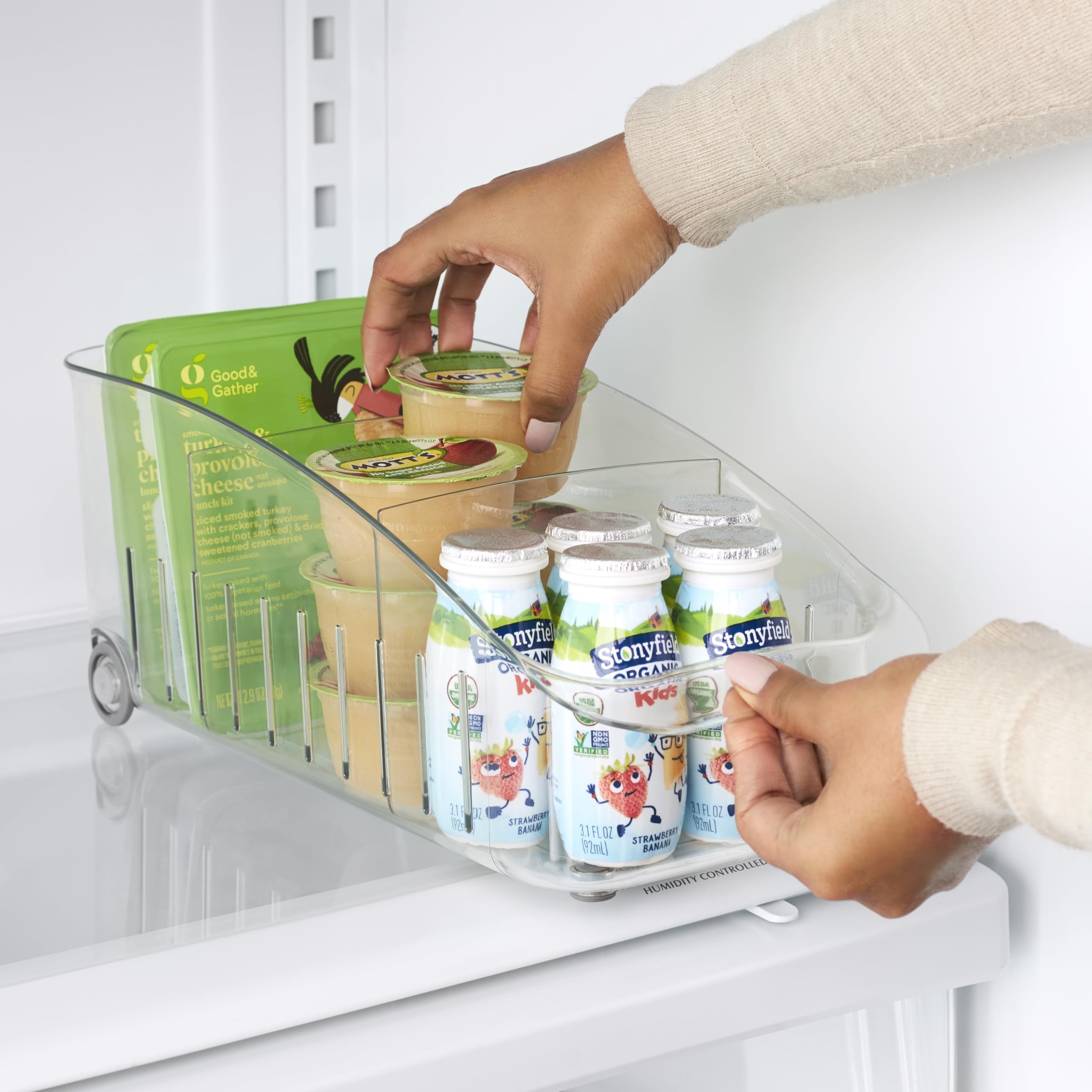 YouCopia 6" Clear Rolling Fridge Drawer Organizer Bin - BPA-Free Plastic with Adjustable Dividers for Food & Snack Storage, Model 50349