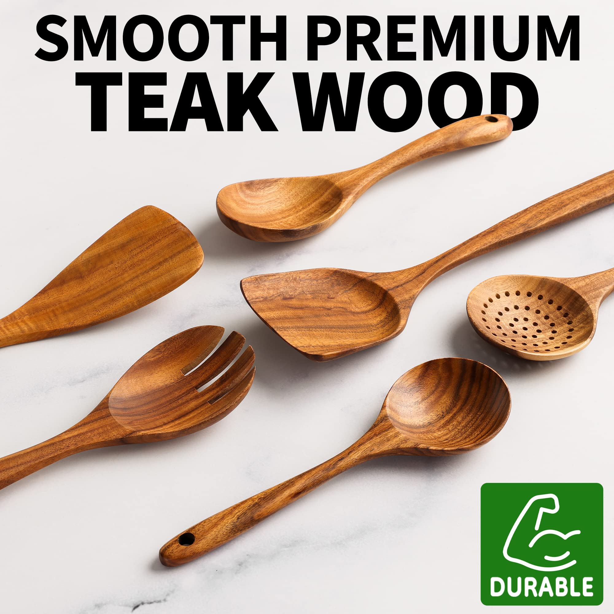 Zulay Kitchen 6-Piece Wooden Spoons For Cooking - Smooth Finish Teak Wooden Utensils For Cooking - Soft Comfort-Grip Wood Spoons
