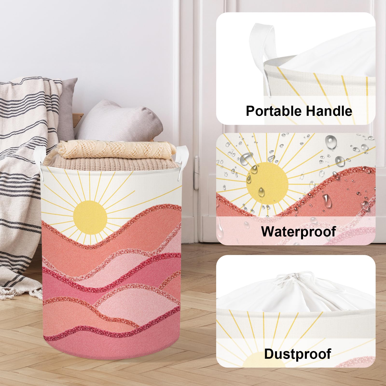 Clastyle 63L Pink Boho Sunrise Girl Hamper Outdoor Towel Storage Beach Blanket Pool Toy Basket Large Round Dirty Clothes Laundry