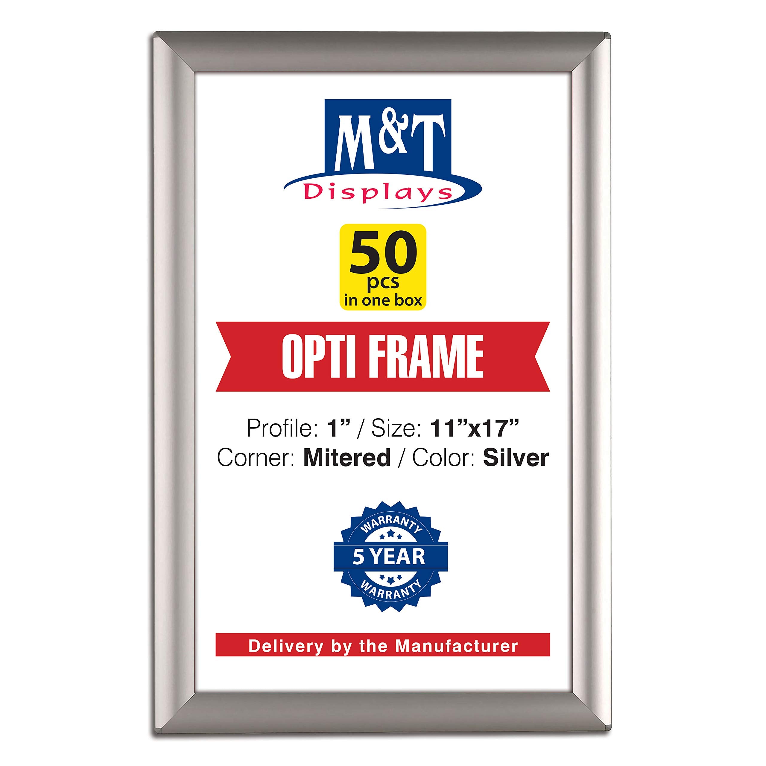 M&T Displays Opti Snap Poster Frame 11X17 Inch Silver 1'' Aluminum Profile Front Loading Wall Mounting Photo Picture Document Ce
