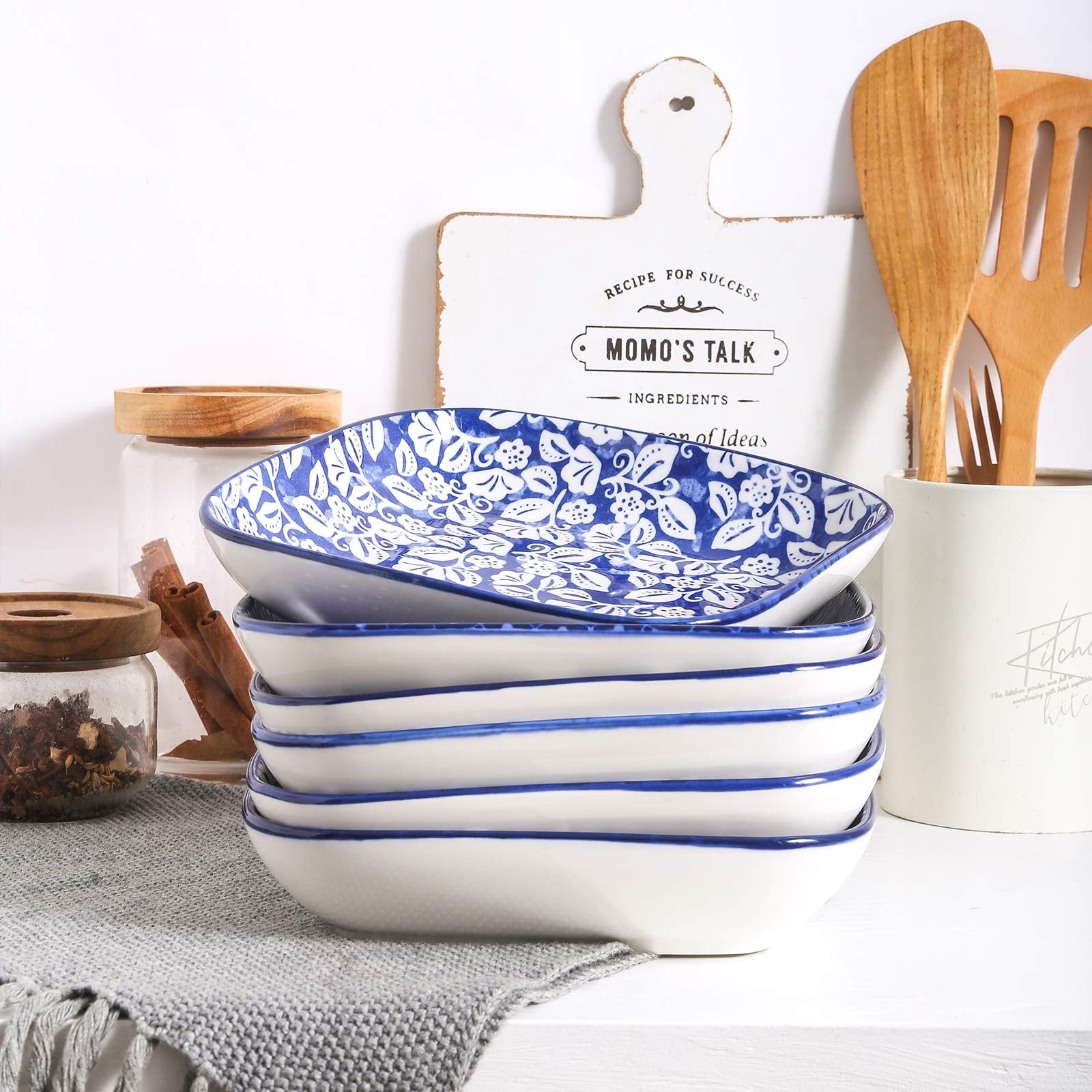 Selamica Porcelain 8-inch Square Dinner Plates  Salad Pasta Bowls  Set of 6  Vintage Blue