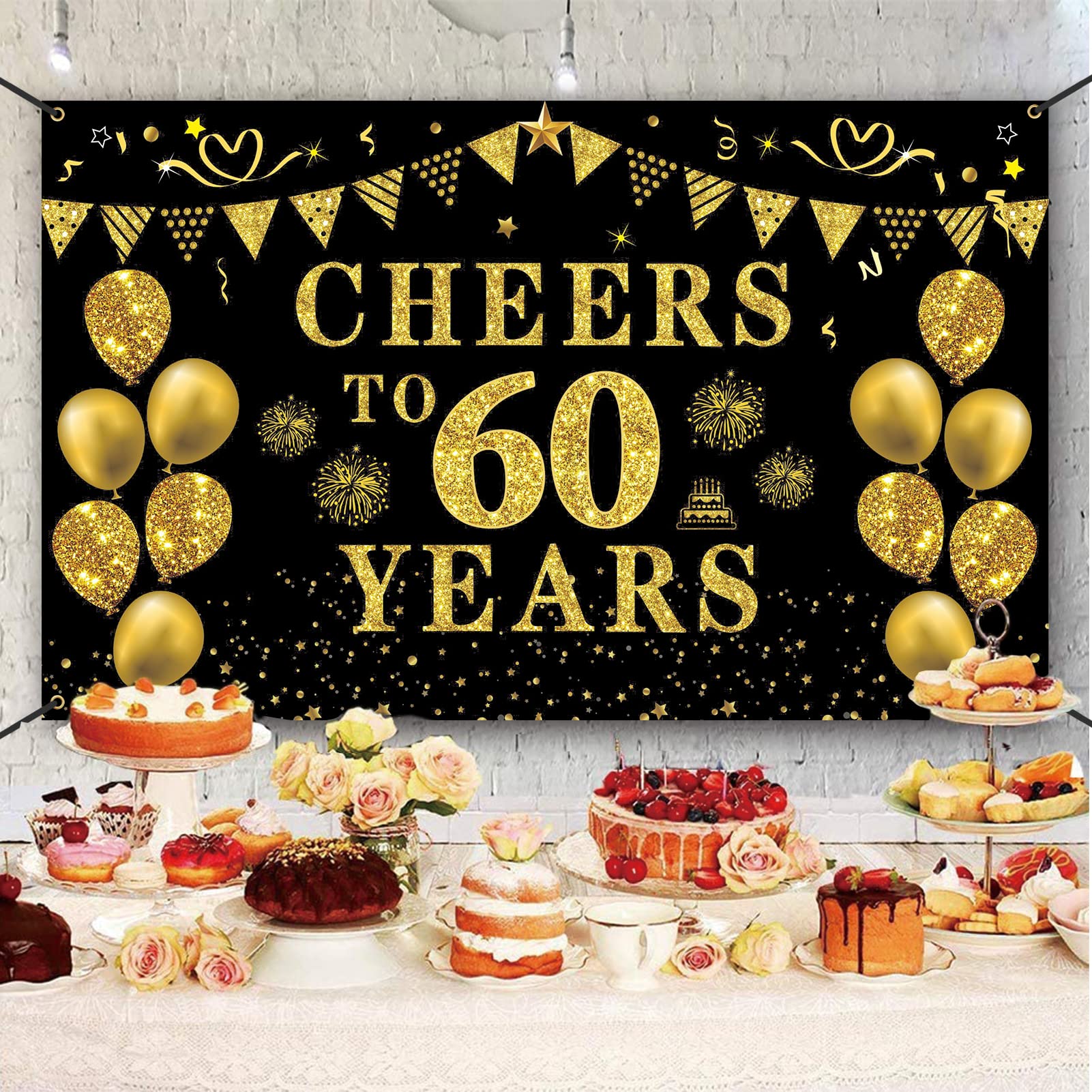 Trgowaul 60Th Birthday/Anniversary/Wedding Decorations For Women Men, Cheers To 60 Years Banner, Black And Gold 60Th Birthday Ba