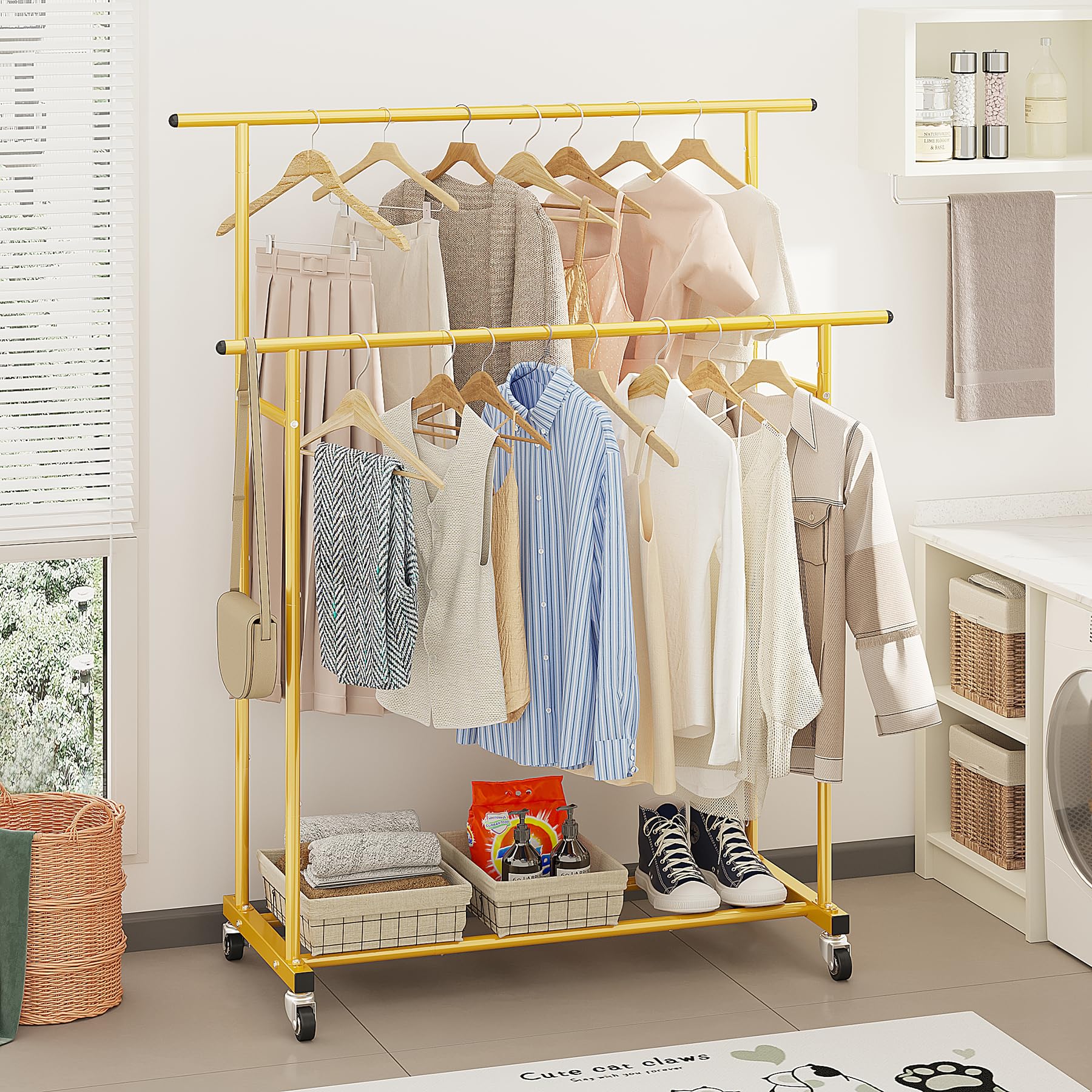 Calmootey Double Rod Clothing Garment Rack Rolling Hanging Clothes Rack Portable Clothes Organizer for Bedroom Living Room Clothing Store Gold