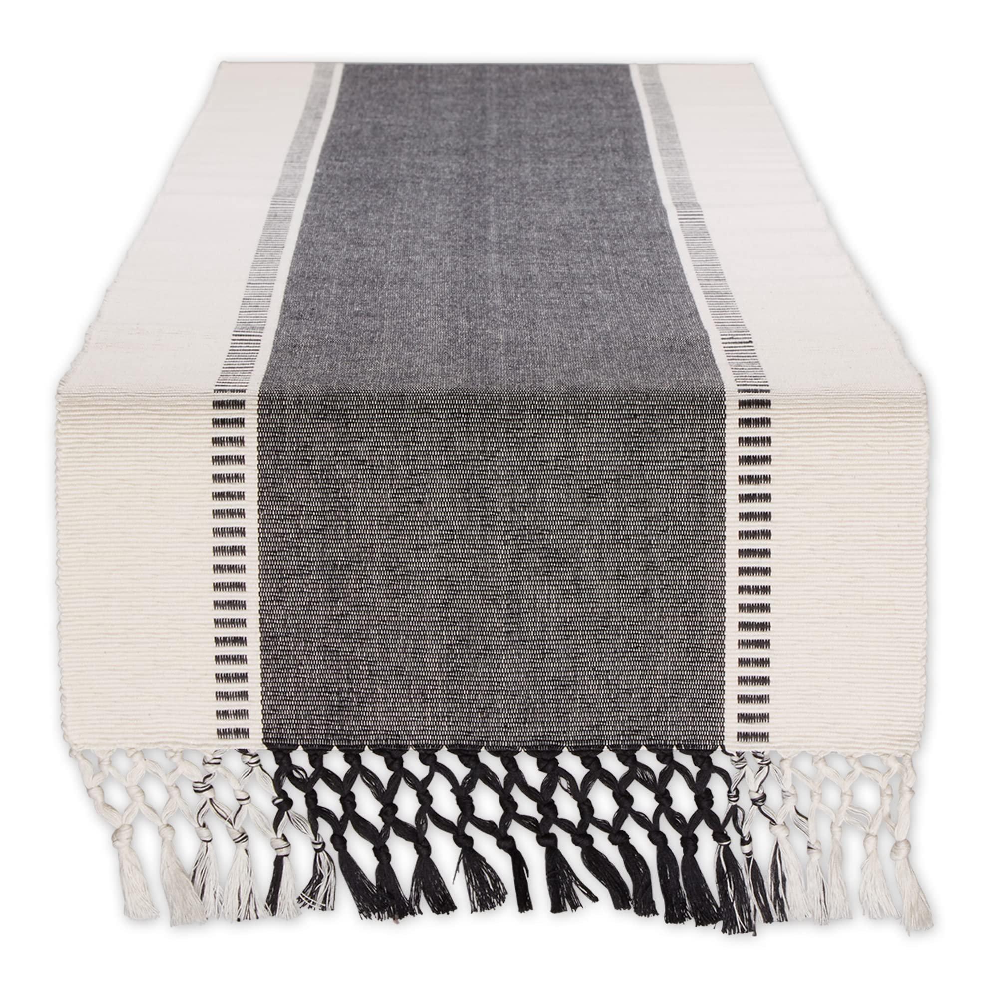 BLACK DOBBY STRIPE RIBBED TABLE RUNNER 13x72