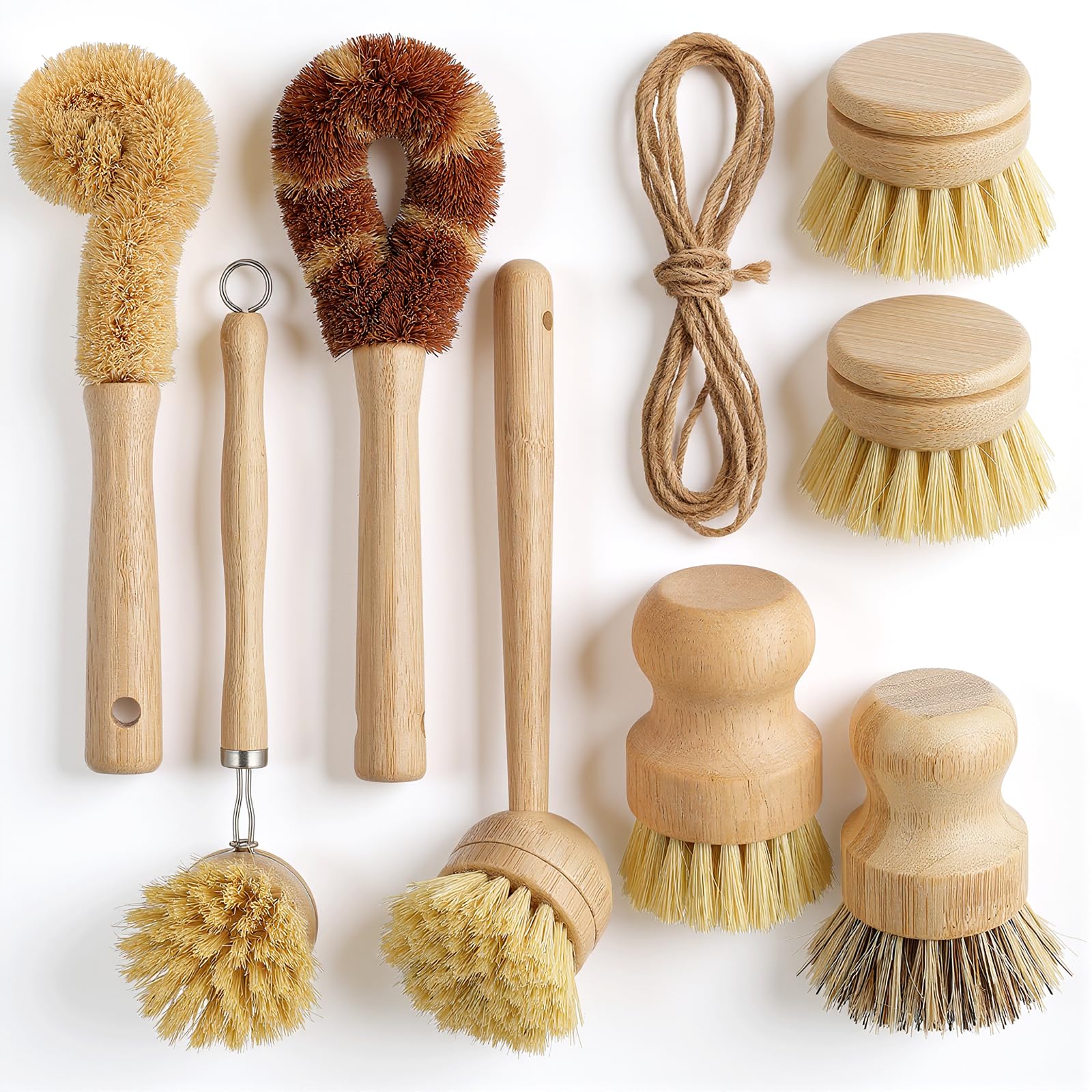 9 Pcs Bamboo Dish Brush Set Wooden Dish Brush with Sisal and Palm Fiber Natural Wooden Kitchen Brushs Practical Dishs Cleaning B