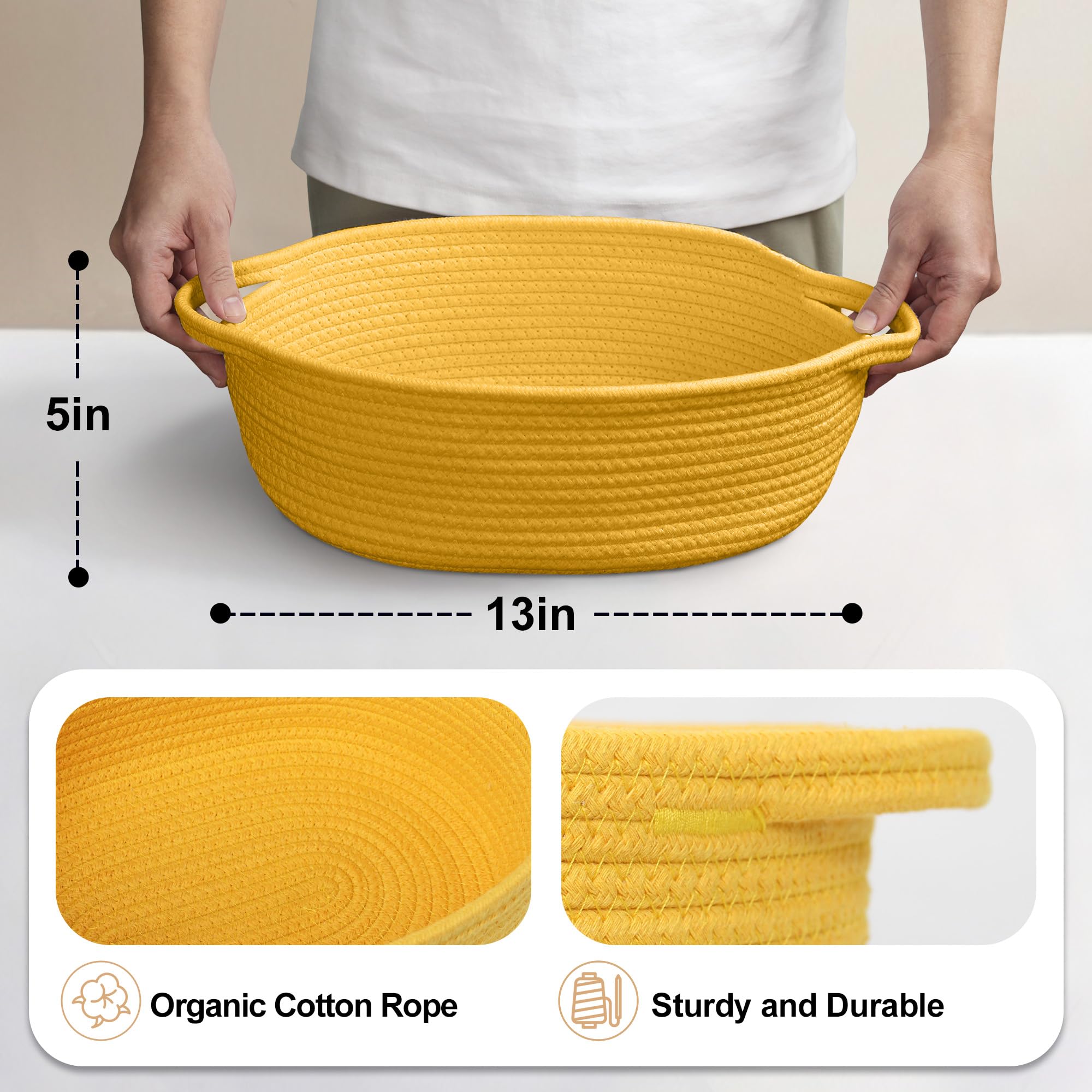 MEGASKET Yellow Woven Basket, 13 x 9 x 5 Baskets for Gifts Empty, Cute Cotton Rope Cat Dog Toy Bin Box, Small Woven Bin for Orga