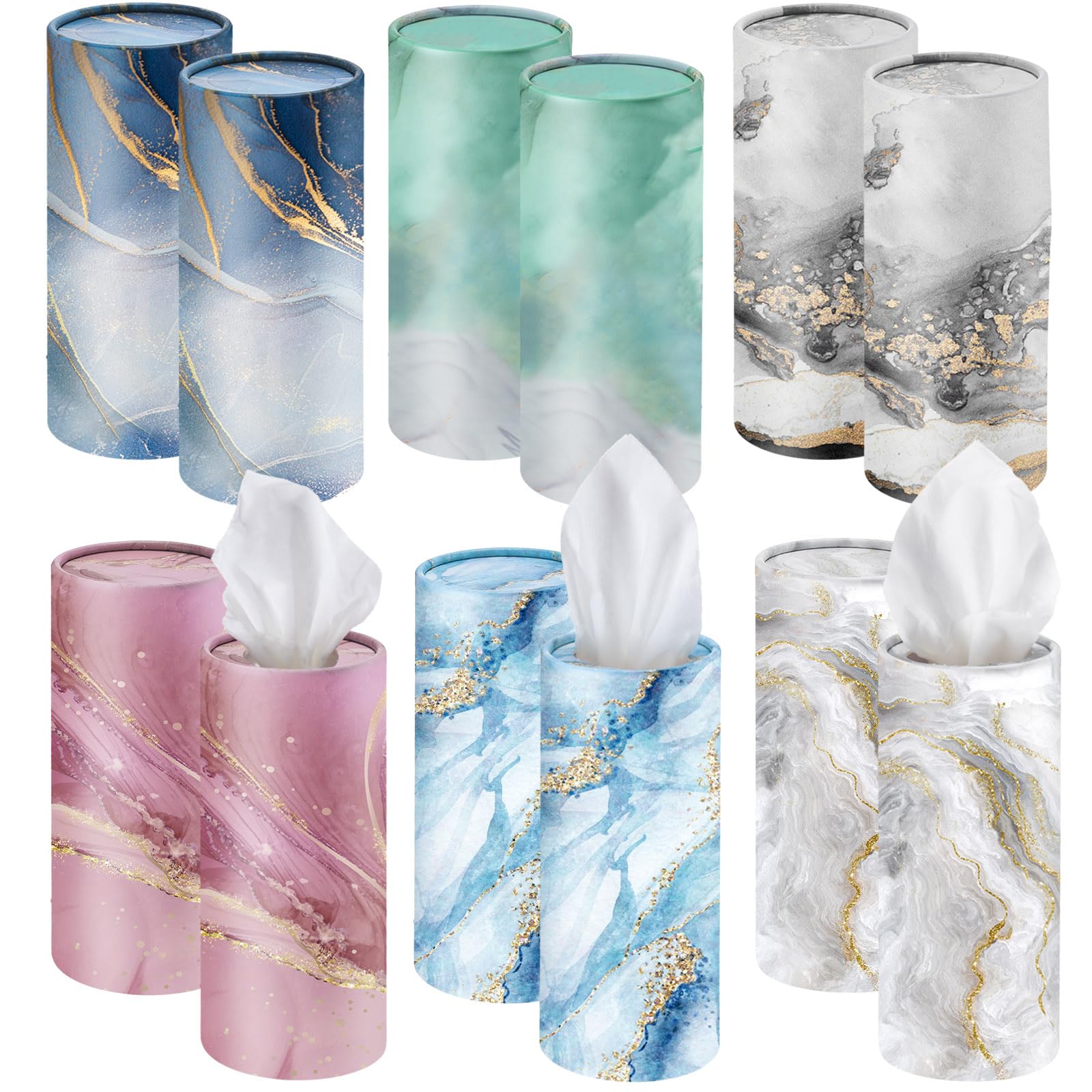 Outus 12 Pcs Car Tissues Boxes Marble Print Car Tissues Cylinder Round Car Tissue Holder With Facial Tissues For Car Napkins Tra
