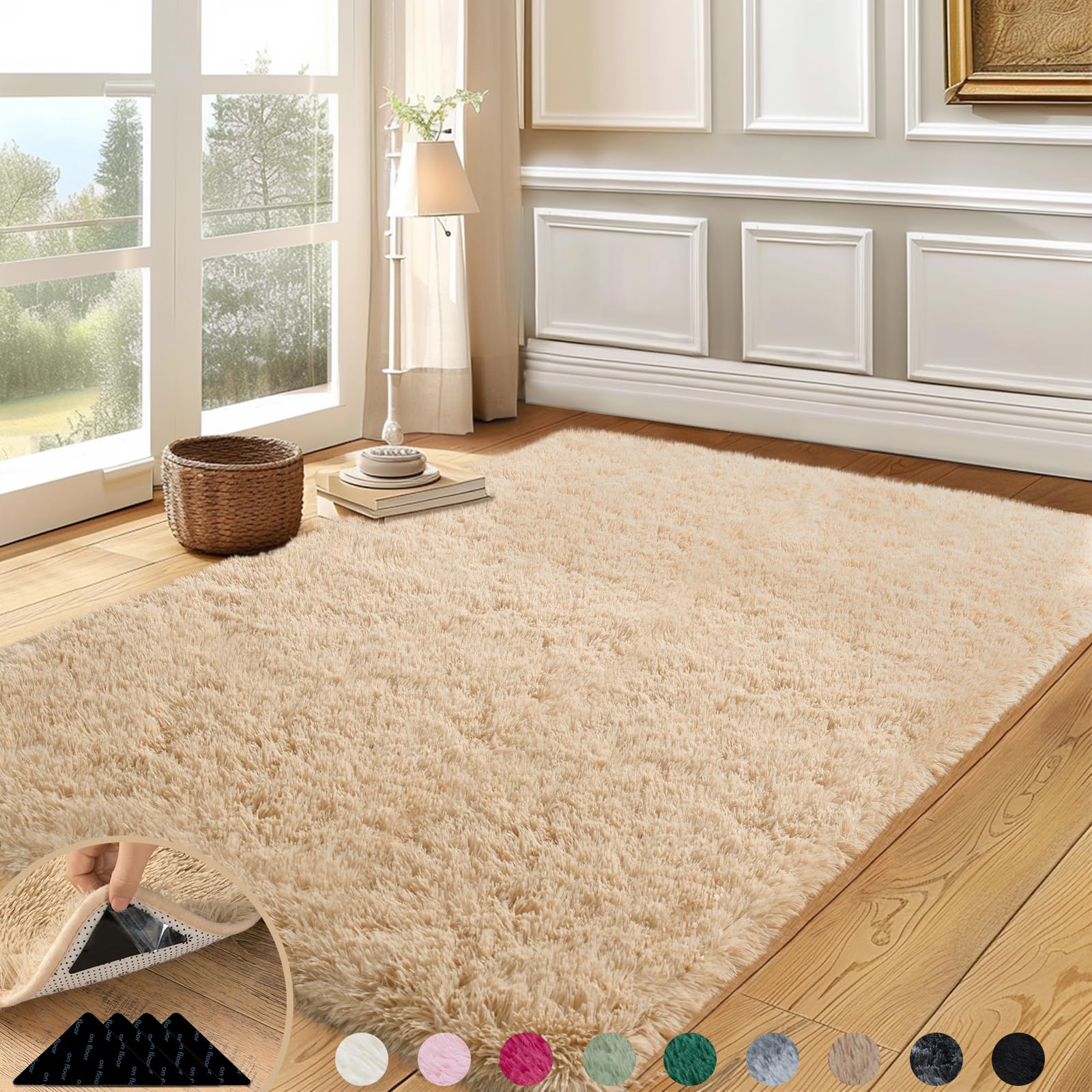 Mugorn 5x7 Rugs for Living Room, Large Fluffy Area Rugs for Bedroom, Soft Carpet Shag Kids Rug with 4 Non-Slip Rug Pads (Light T
