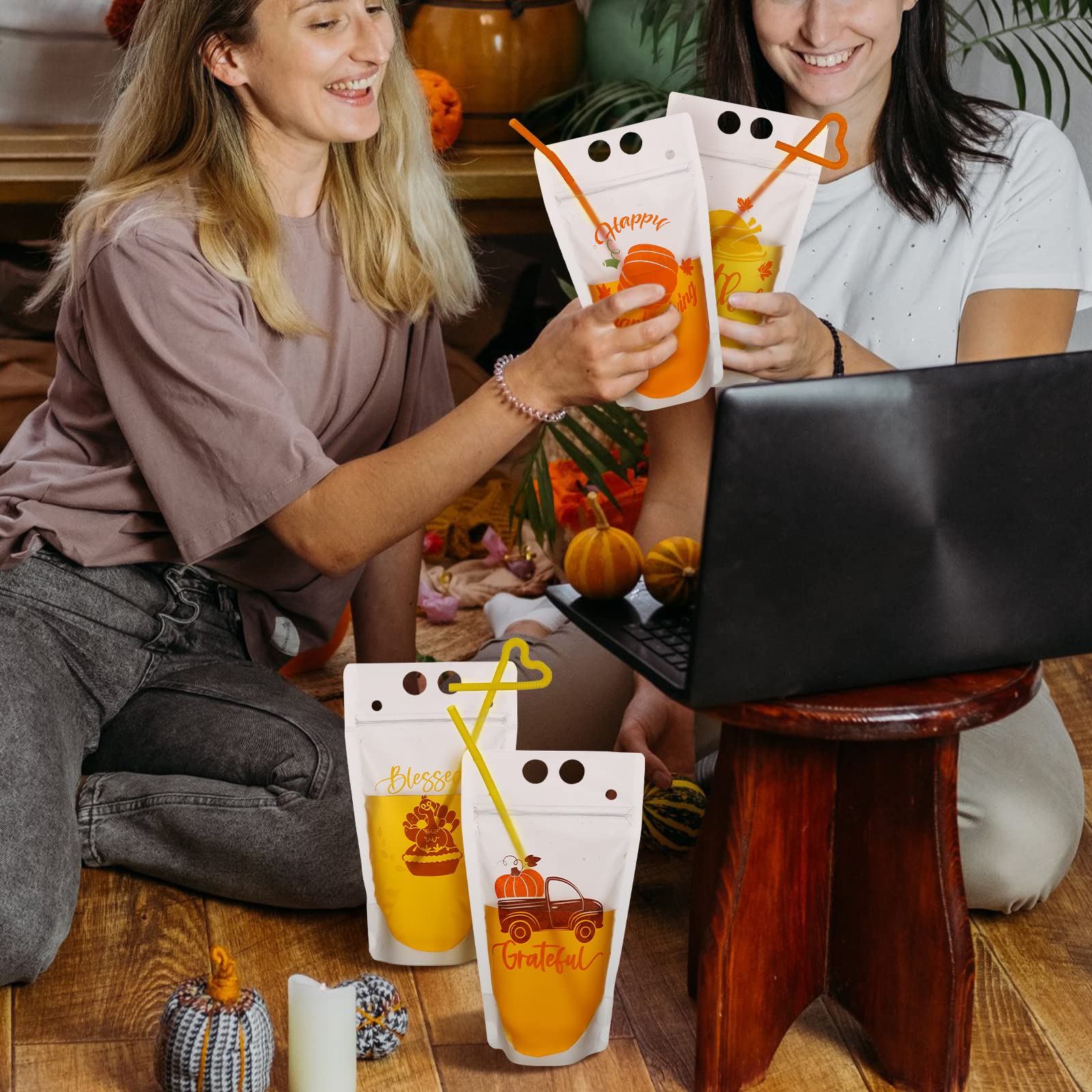 Jinei 24 Sets Thanksgiving Drink Pouches with Straw Pumpkin Turkey Maple Leaves 16 oz Juice Plastic Bags Reclosable Ice Drink Po
