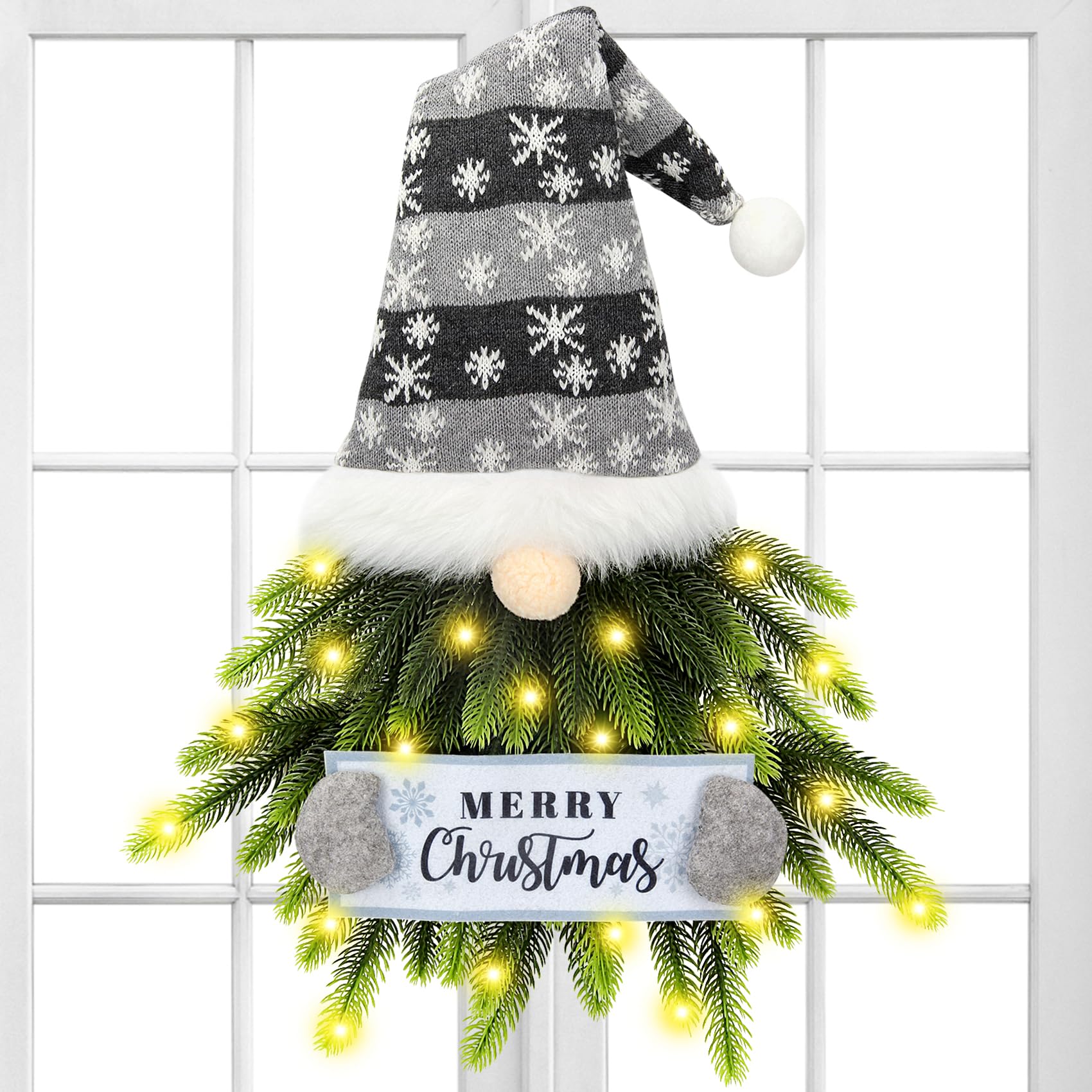 Lighted Gnome Christmas Wreath for Front Door - Artificial Santa Xmas Hanging Sign for Window Wall Decorations - Farmhouse Home 
