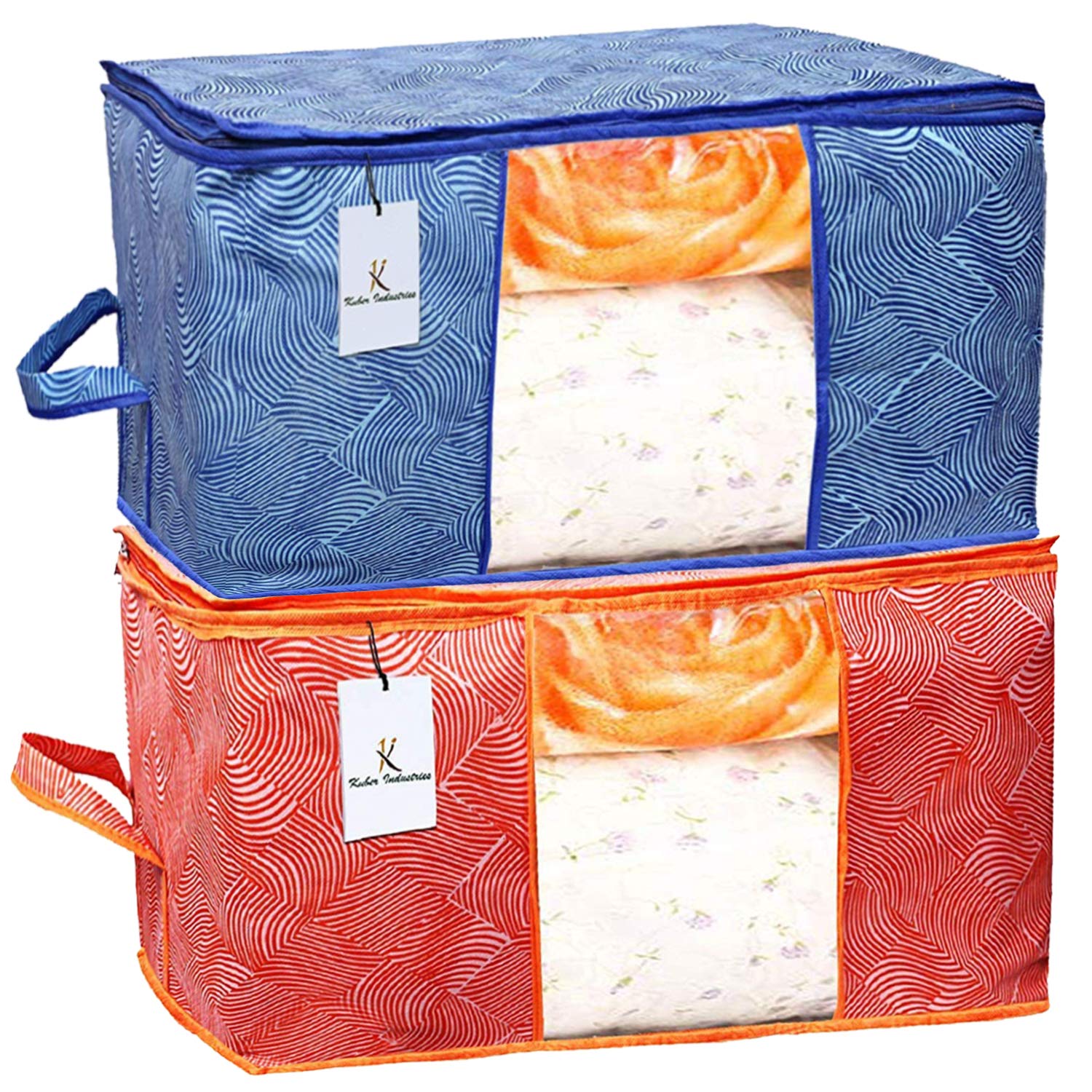 Heart Home Leheriya Printed 2 Piece Non Woven Fabric Underbed Storage Bag, Cloth Organiser, Blanket Cover With Transparent Windo