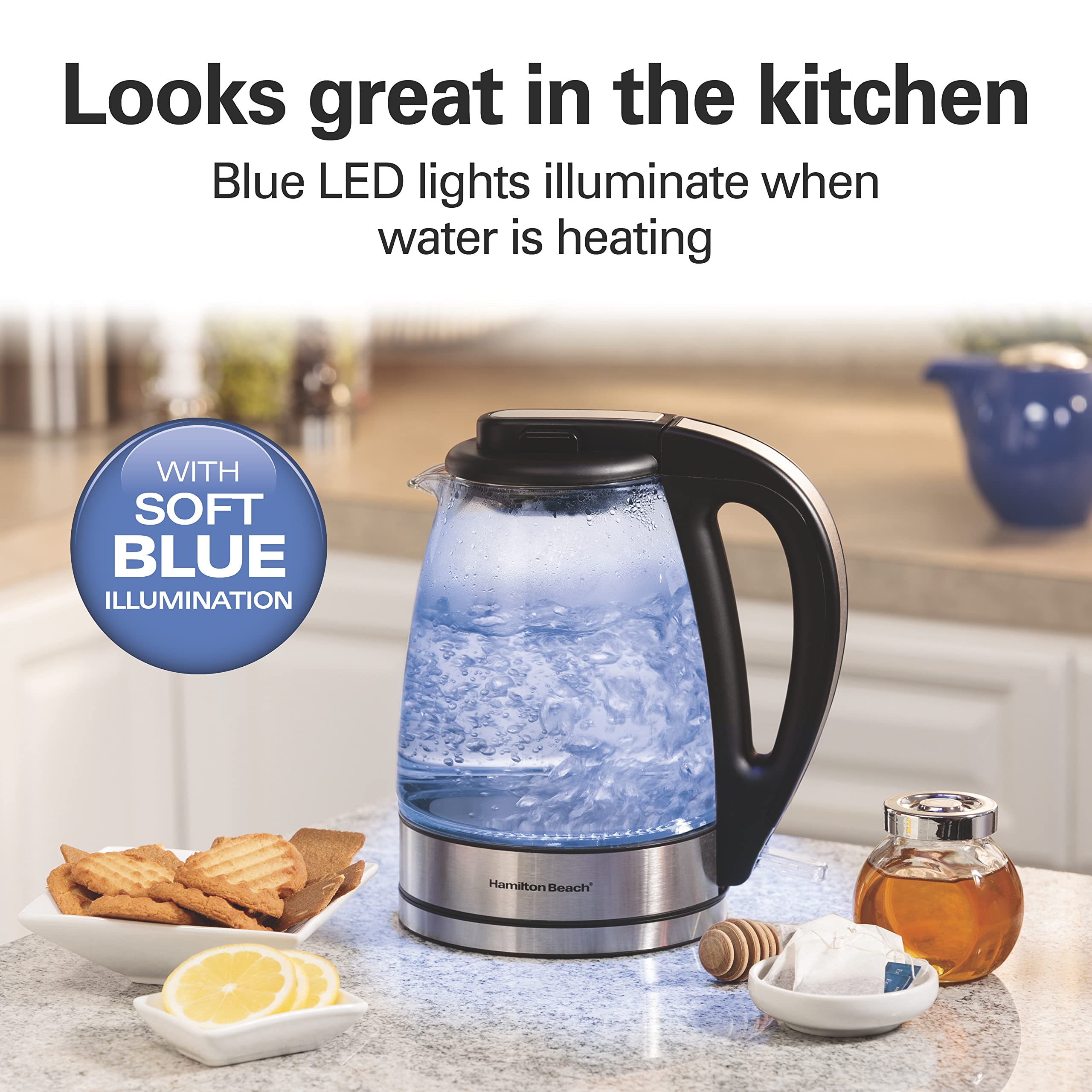 Hamilton Beach Glass Electric Tea Kettle, 1.1 Quart, 1500W, BPA Free, Cordless, Auto-Shutoff, Model 40930, Soft Blue LED