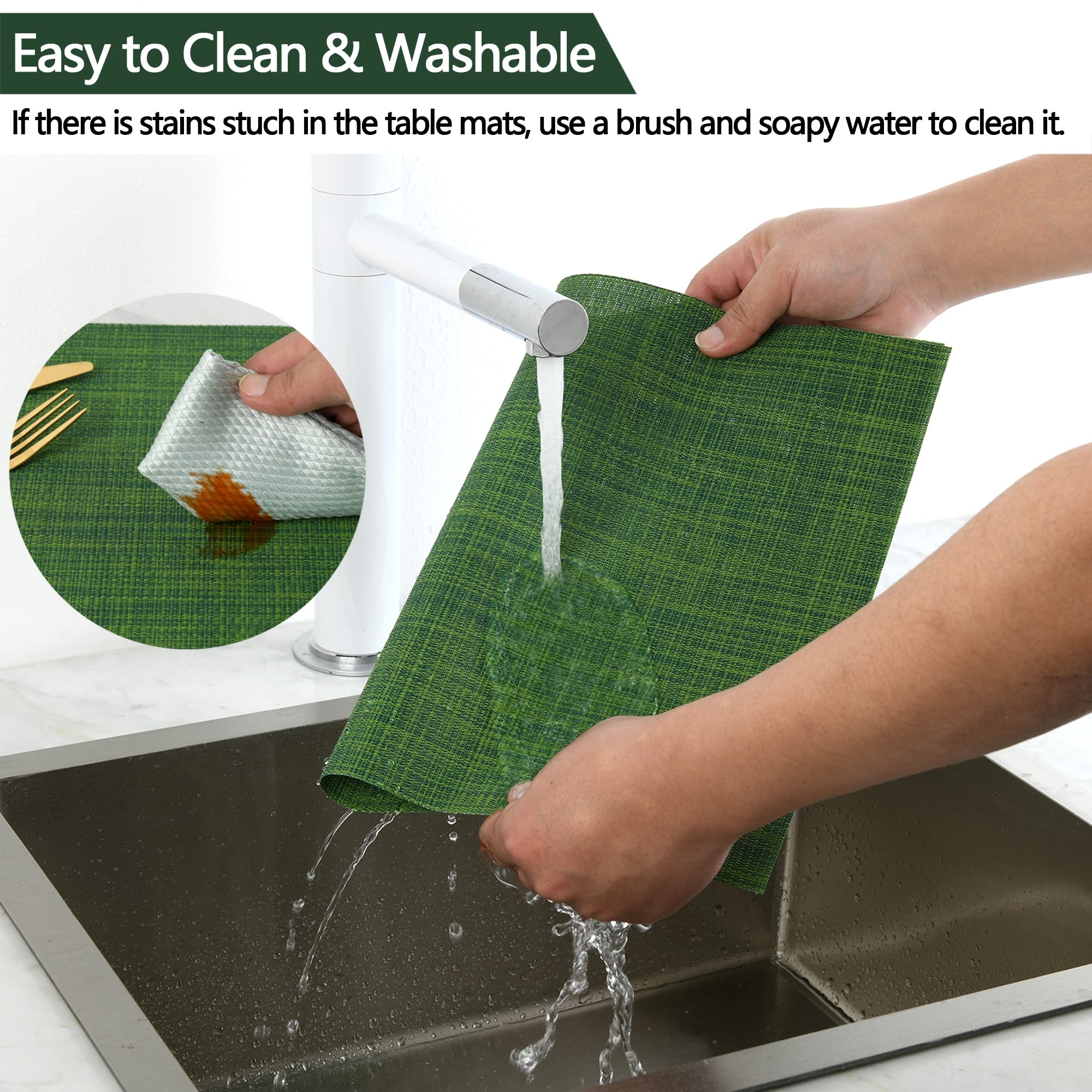 Slkqg Green Placemats Set Of 6 - Wipe Clean Vinyl Placemats - Washable Heat Resistant Pvc Table Mats For Dining Table - 17X12 In