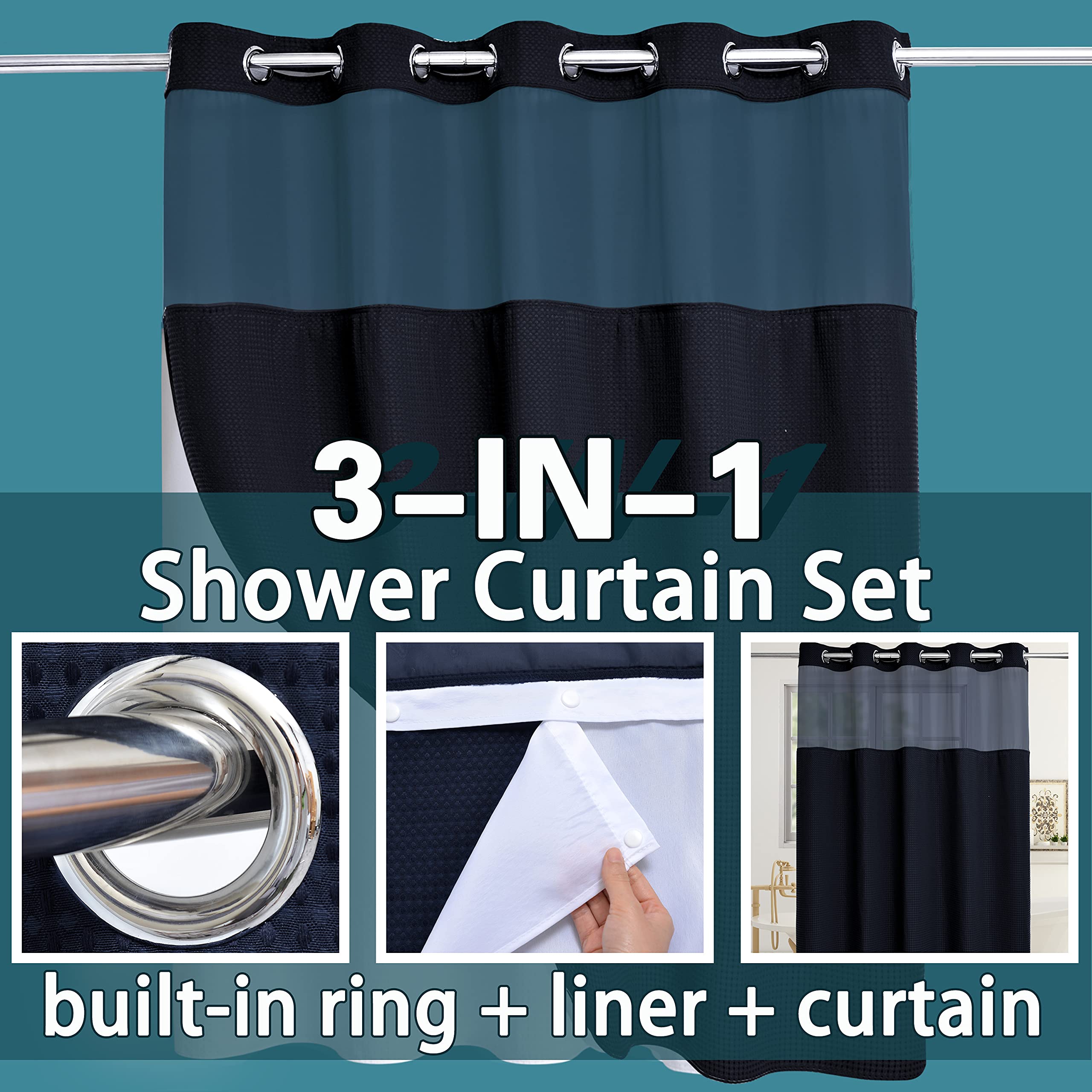 Conbo Mio Waffle Weave Hotel Style Shower Curtain with Snap in Liner for Bathroom Waterproof Machine Washable Shower Curtain (Waffle-Black 71''(W) x 84''(H))