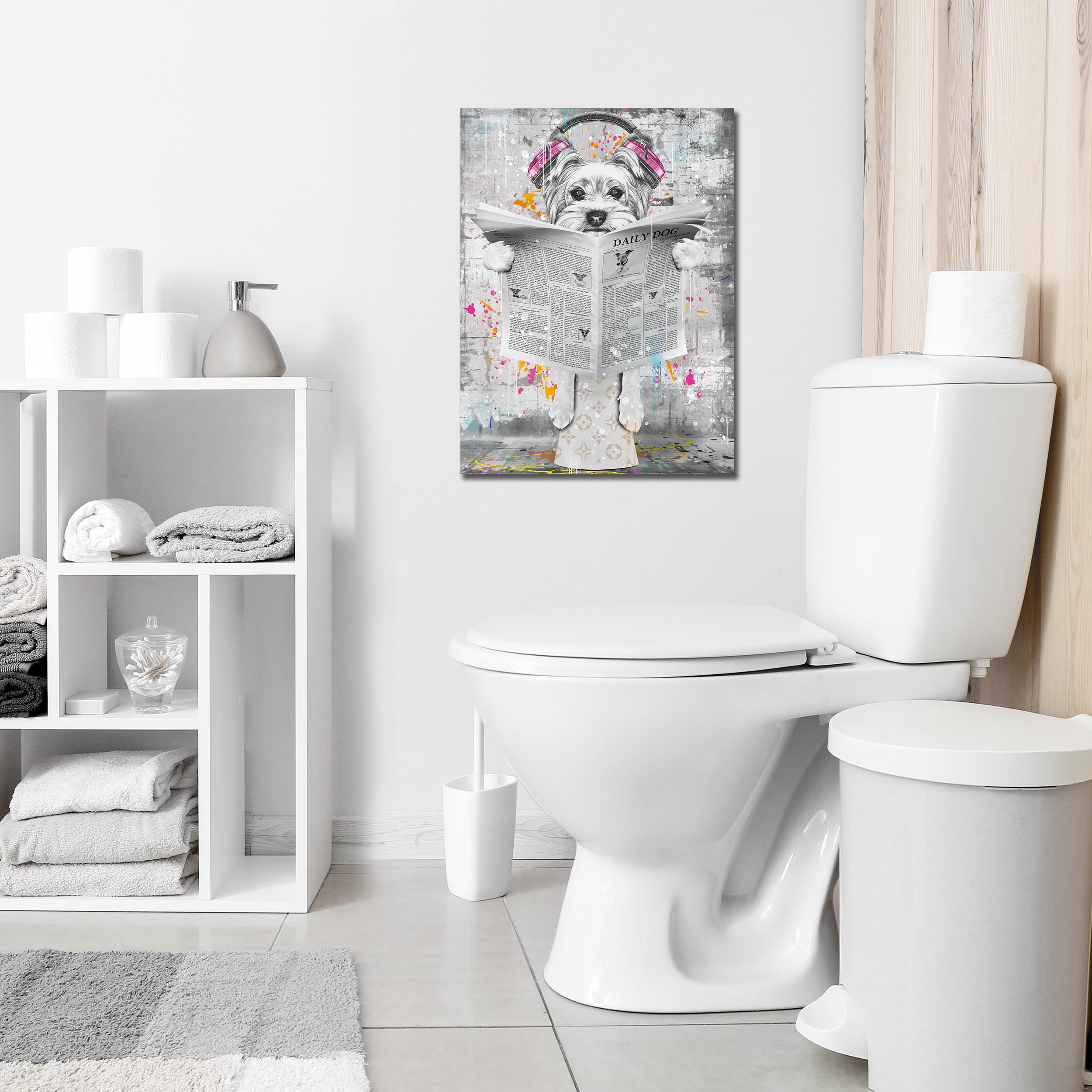 Entanub Dog Wall Art For Bathroom, Funny Animal Canvas Print Painting For Bedroom, Black And White Pictures Decor, Size 12X16 In