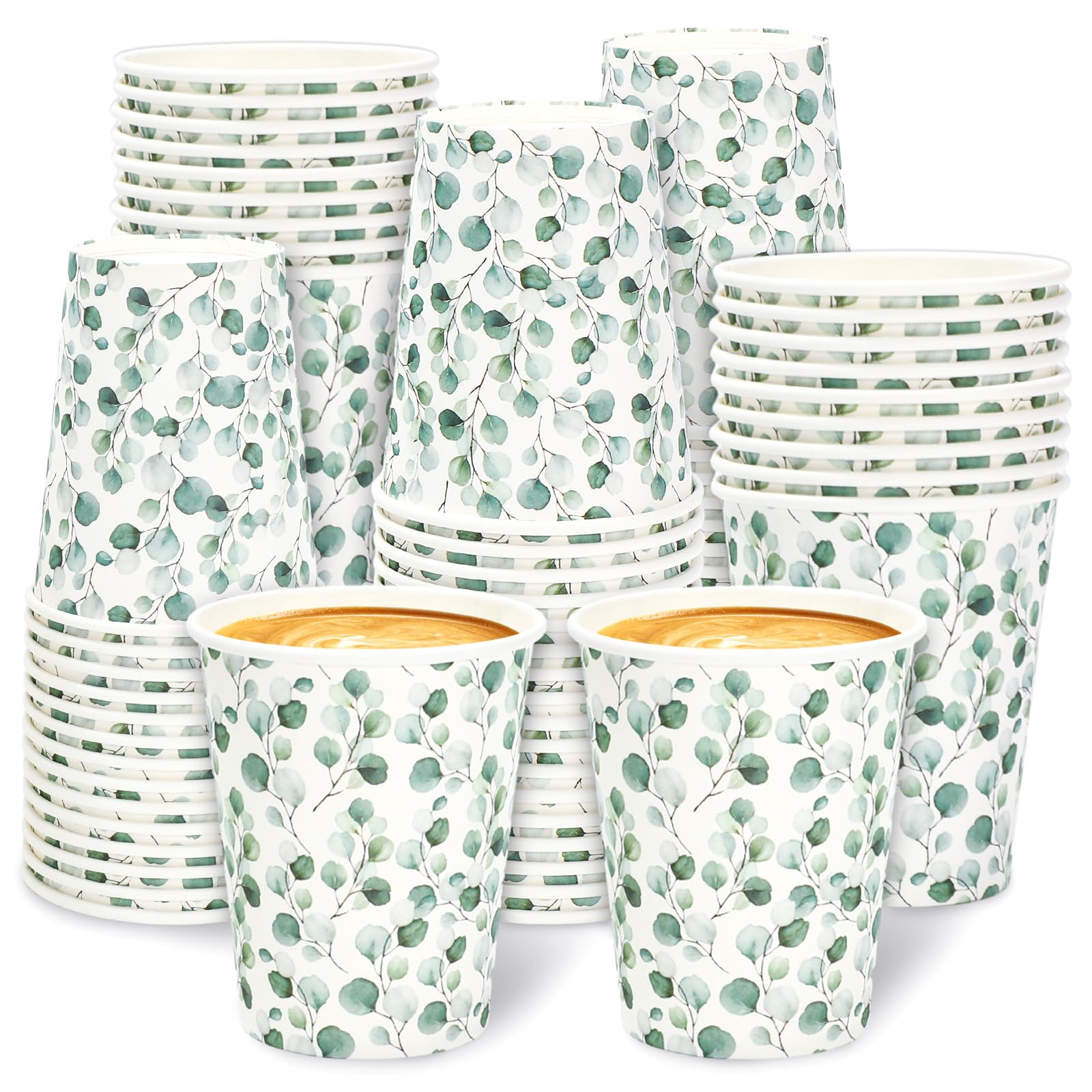 JarThenaAMCS 60Pcs Greenery Paper Cups 9 oz Eucalyptus Leaves Disposable Coffee Cups for Hot Cold Drinks Spring Wedding Bridal B