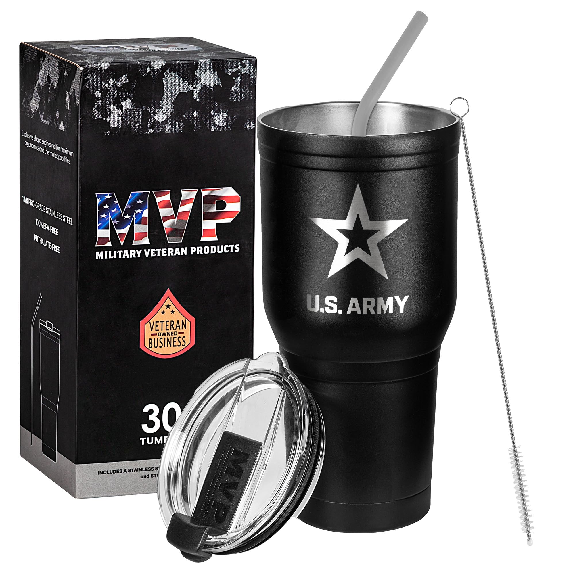 Military Gift Shop 30 Oz Army Black Double Wall Vacuum Insulated Stainless Steel Army Tumbler Travel Mug - Soldier Deployment Gi