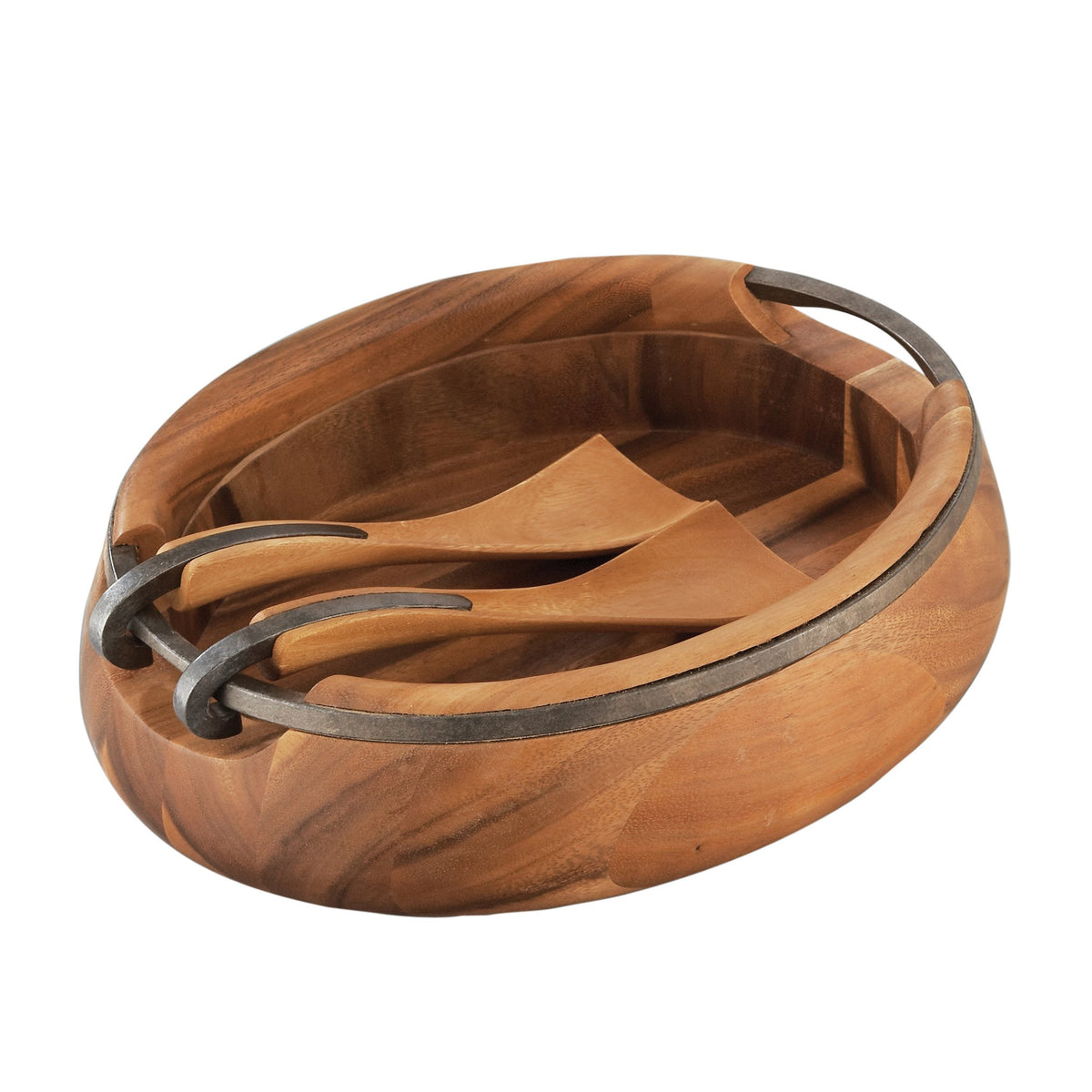 Nambe Anvil Salad Bowl With Servers | Large Wooden Serving Bowl For Fruit, Salads | Made Of Acacia Wood And Iron Finished Nambe