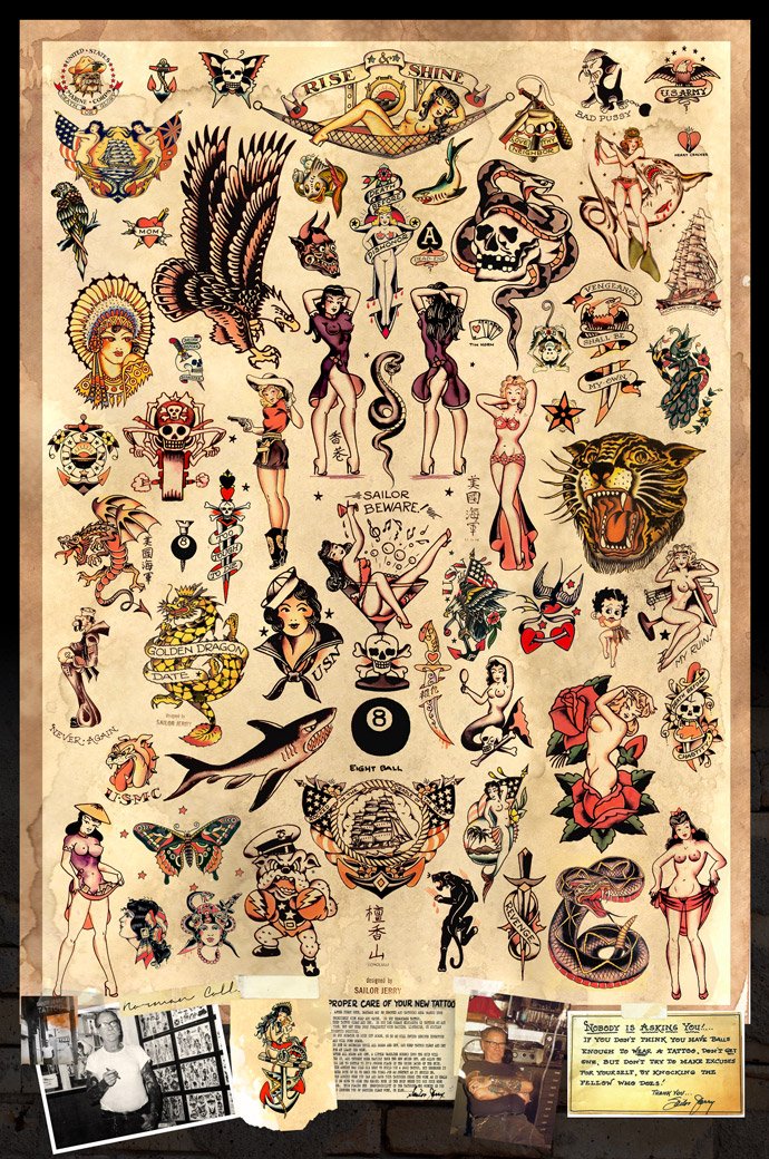 Sailor Jerry Tattoo Flash (Style A) Poster 24X36'' (60.96 X 91.44 Cm) A Certified Posteroffice Print With Holographic Sequential