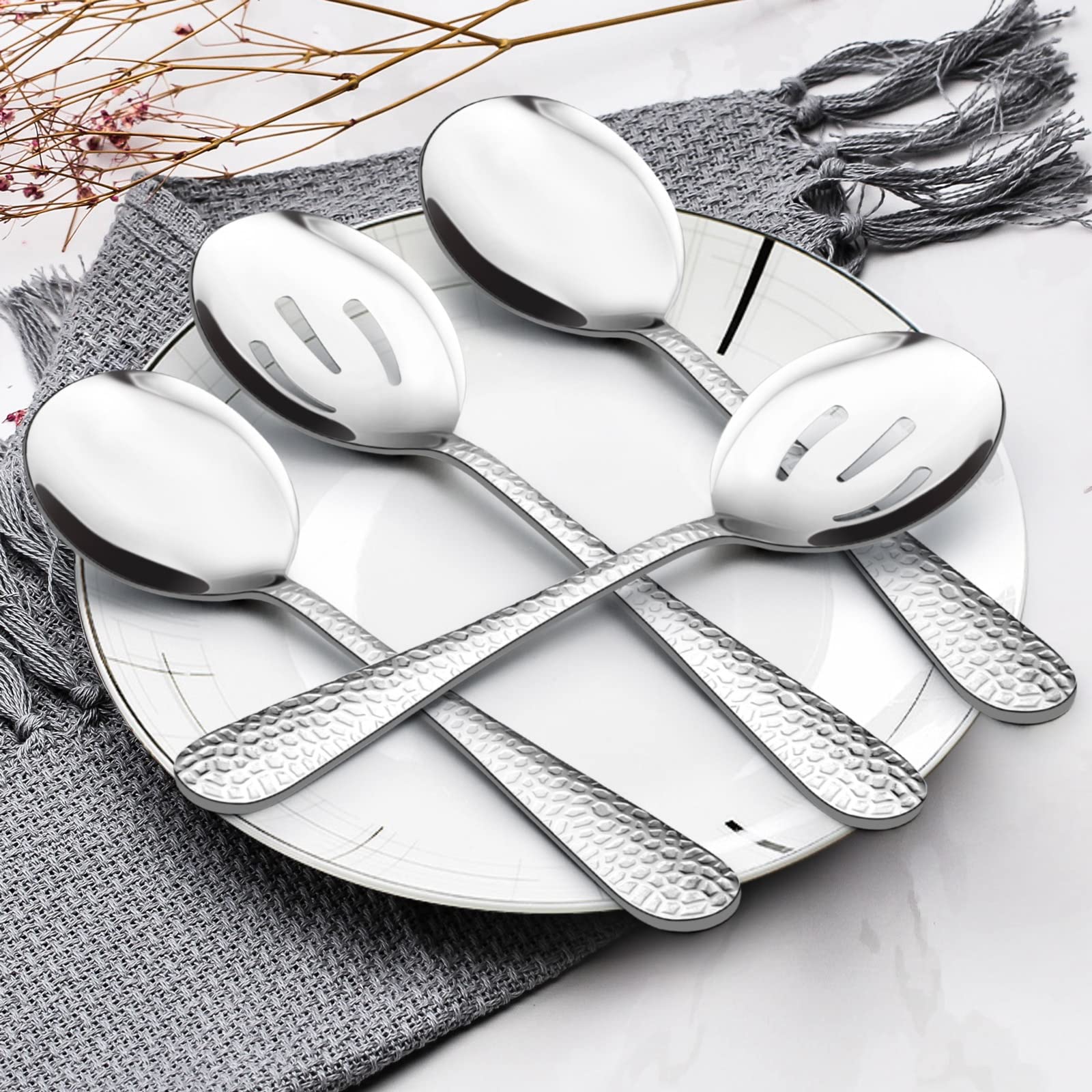 Hammered Serving Spoons, E-Far 8-Piece Metal Serving Utensils Set - Solid Spoons X 4, Slotted Spoons X 4, Stainless Steel Hostes