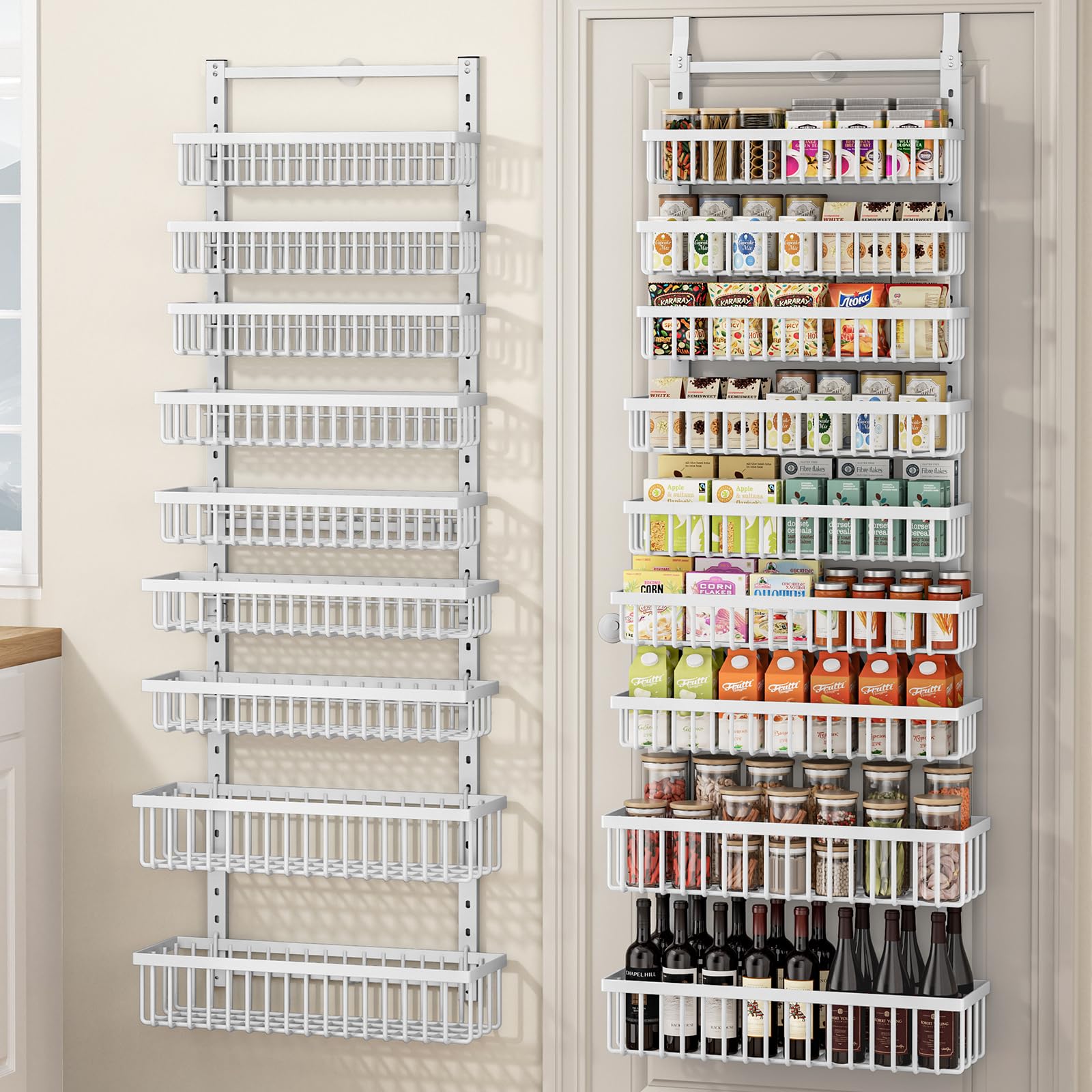 POKIPO 9 Tier Over The Door Pantry Organizer, 2 in 1 Wall Mount or Hanging Spice Rack with Adjustable Deep Basket, HeavyDuty Se