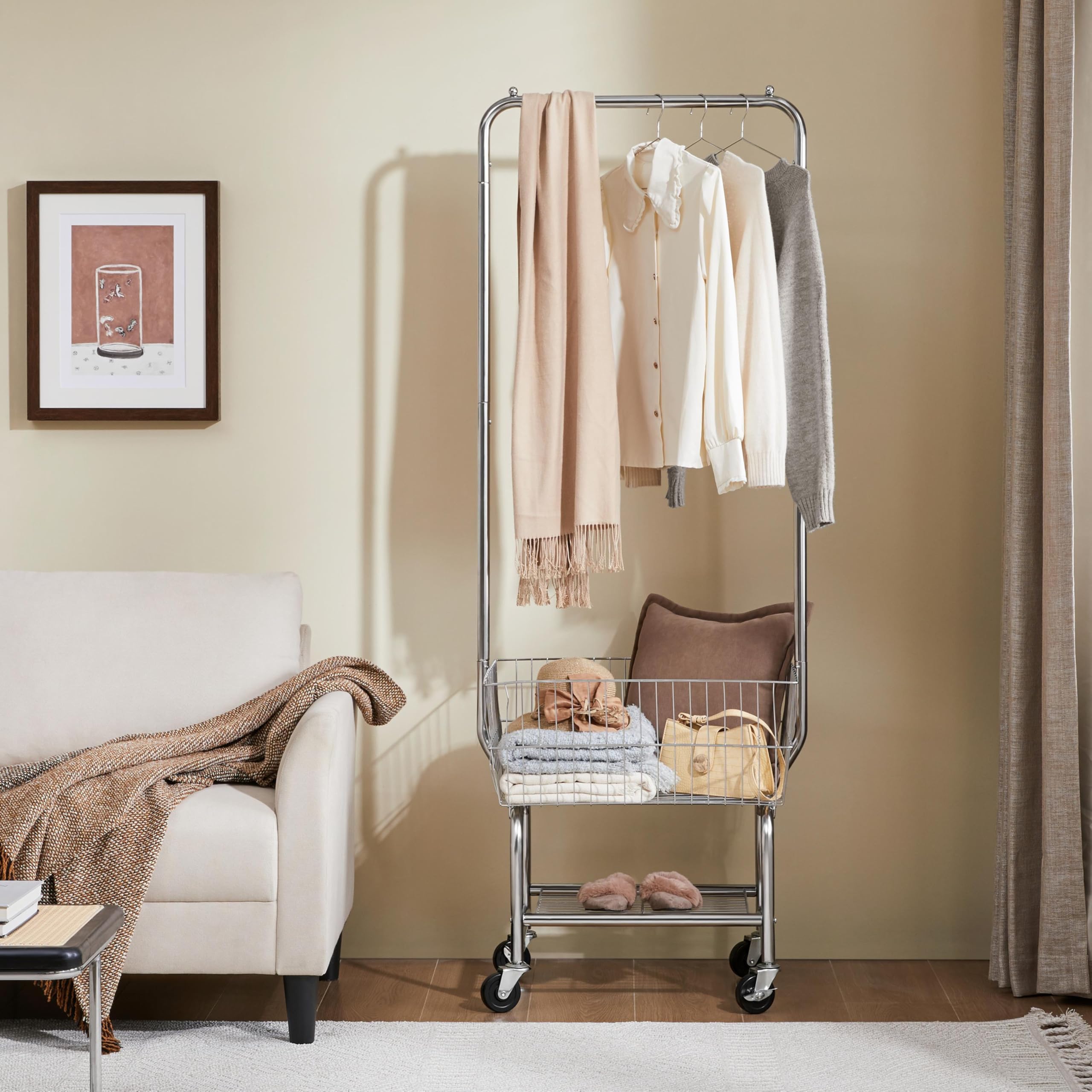 Yaheetech Laundry Cart With Wheels, Rolling Laundry Bakset With Hanging Rack, Silver Laundry Organizer, Chrome-Plated Metal Wire
