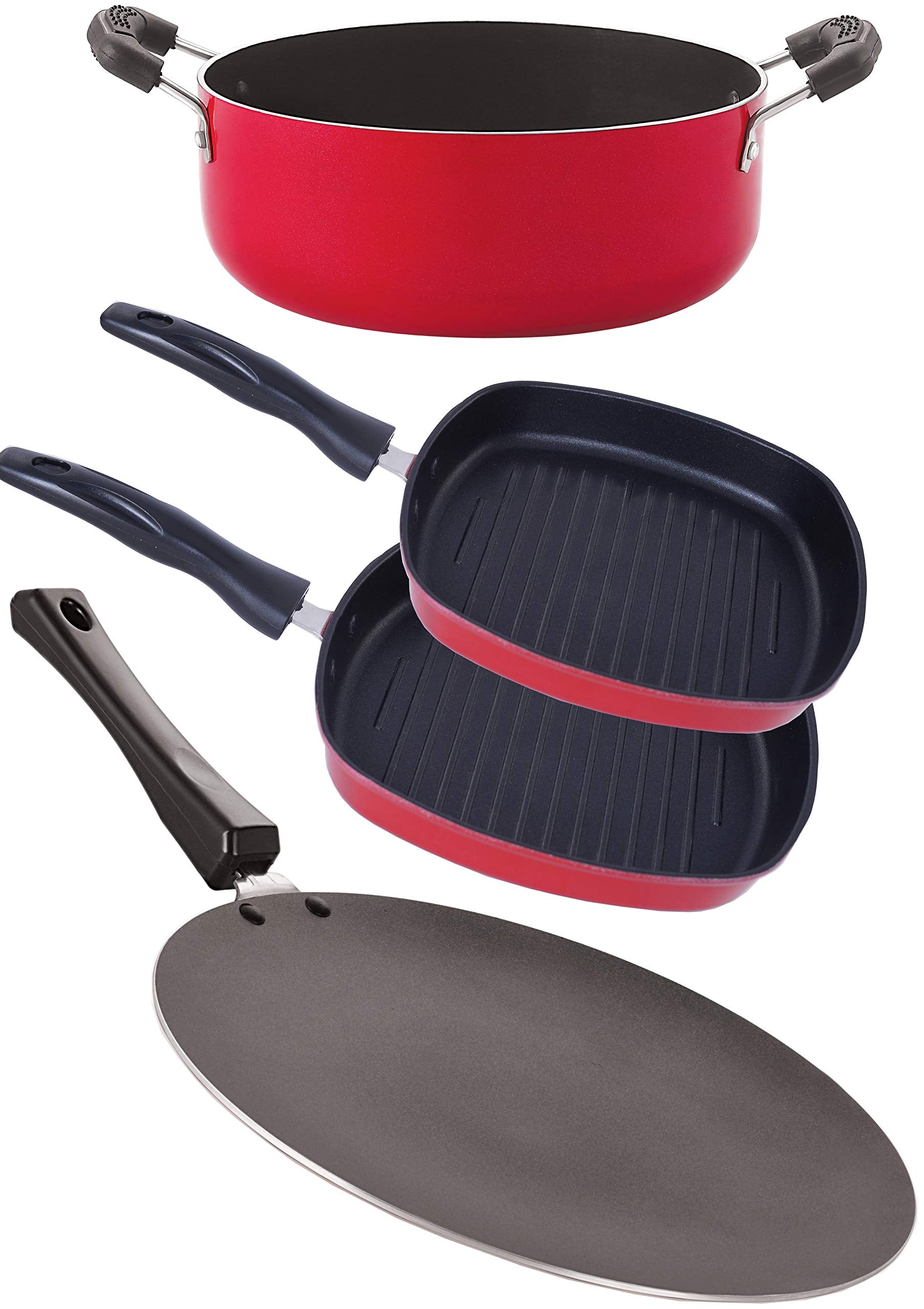 Nirlon NonStick Aluminum Cookware Set, 4Piece, Red And Black (2.6Mm_Ct12_Gp(22.5)_Gp(24)_Cass20)