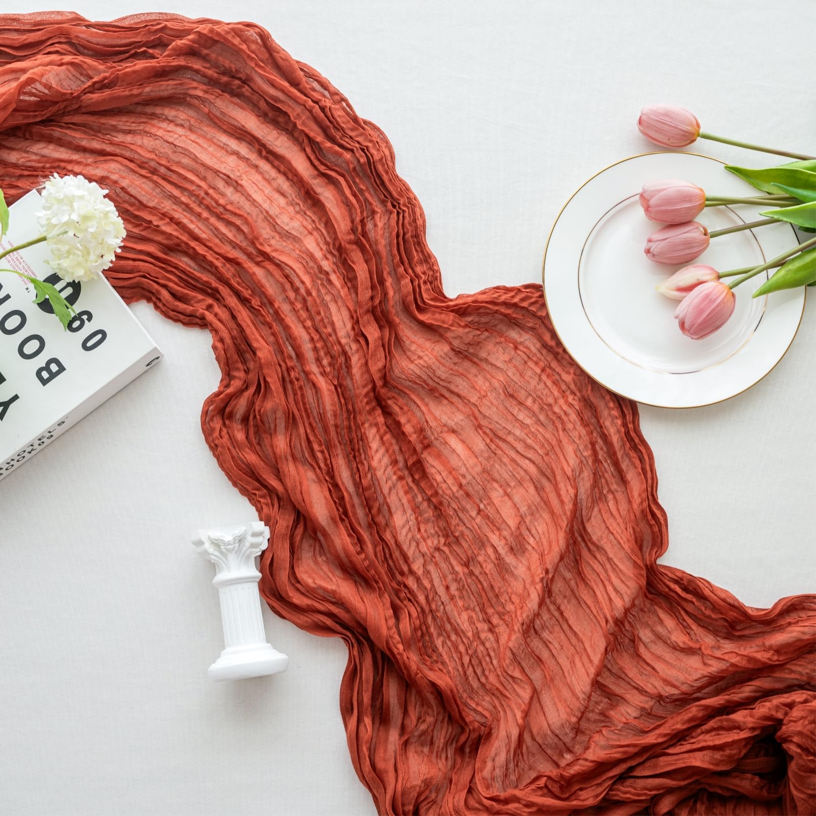 Sioloc 1 Pack Terracotta Cheesecloth Table Runner,10Ft Rust Cheesecloth Table Runner,Boho Gauze Table Runner For Wedding Bridal