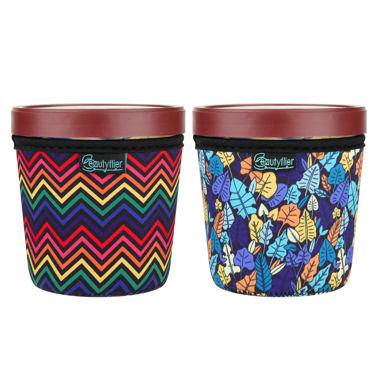 Beautyflier 2-Pieces Pint Sized Ice Cream Cozy Thicken Neoprene Ice Cream Sleeves With Elastic Handle Cover (Geometry + Plant)