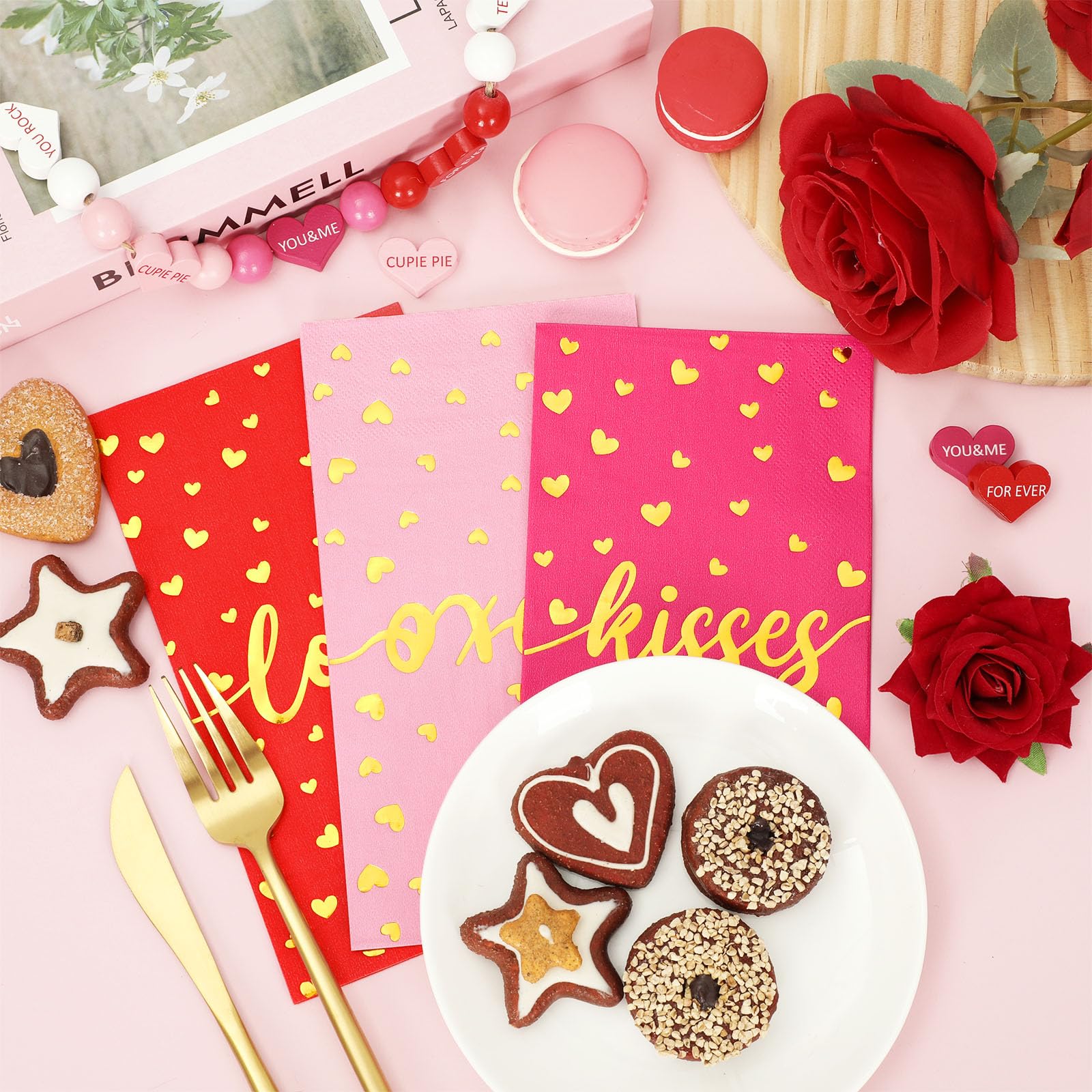 Whaline 75Pcs Valentine'S Day Guest Paper Napkins Red Pink Gold Foil 3 Ply Disposable Napkins Love Xoxo Kisses Dinner Hand Towel