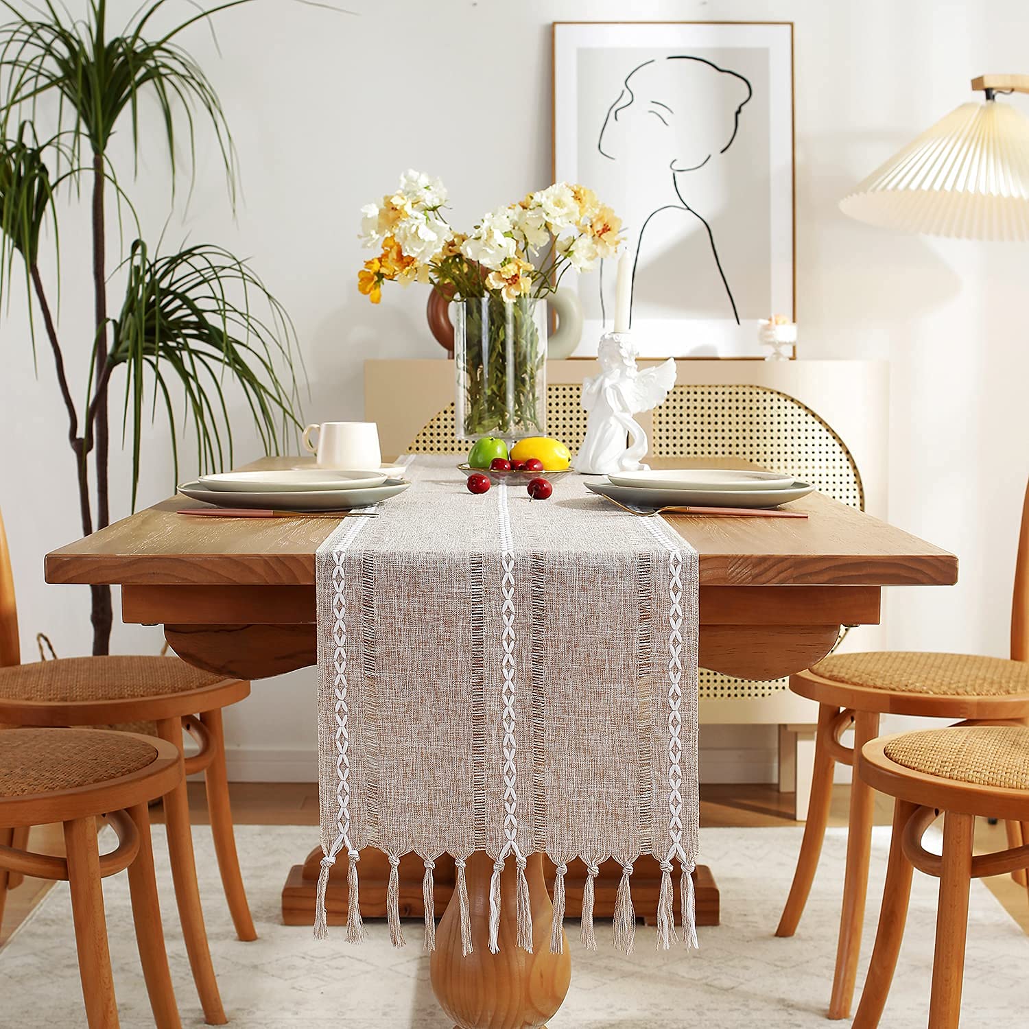 Chassic Fall Rustic Farmhouse Style Linen Table Runner, Boho Handmade Tassel Table Runners 90 Inches Long For Holiday Party, Tha