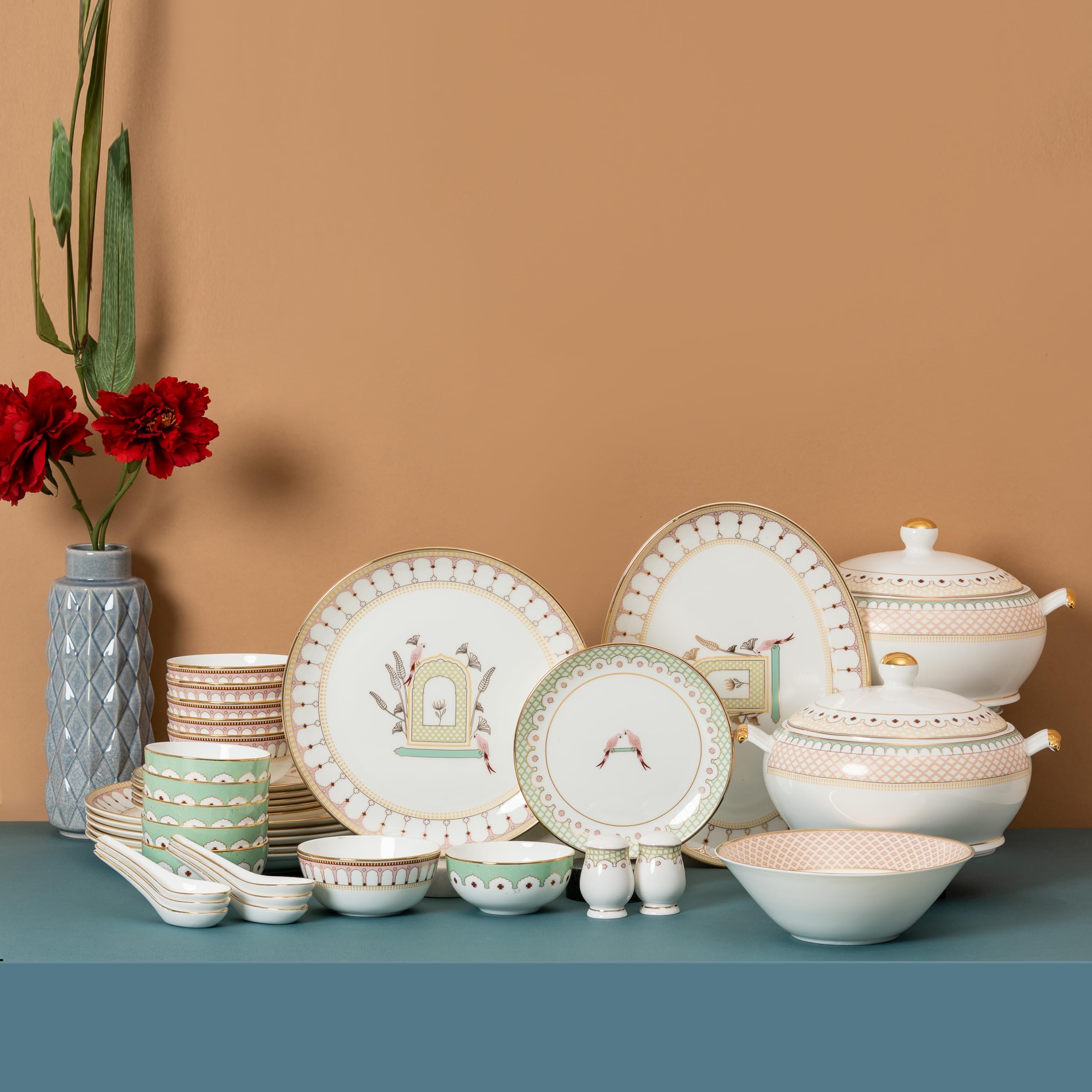 Clay Craft Fine Ceramic Golden Print Royal Velvet Dinner Set  38 Pcs, (Pastel), For Family Of 6, Dinner Set Ceramic, Dining Set