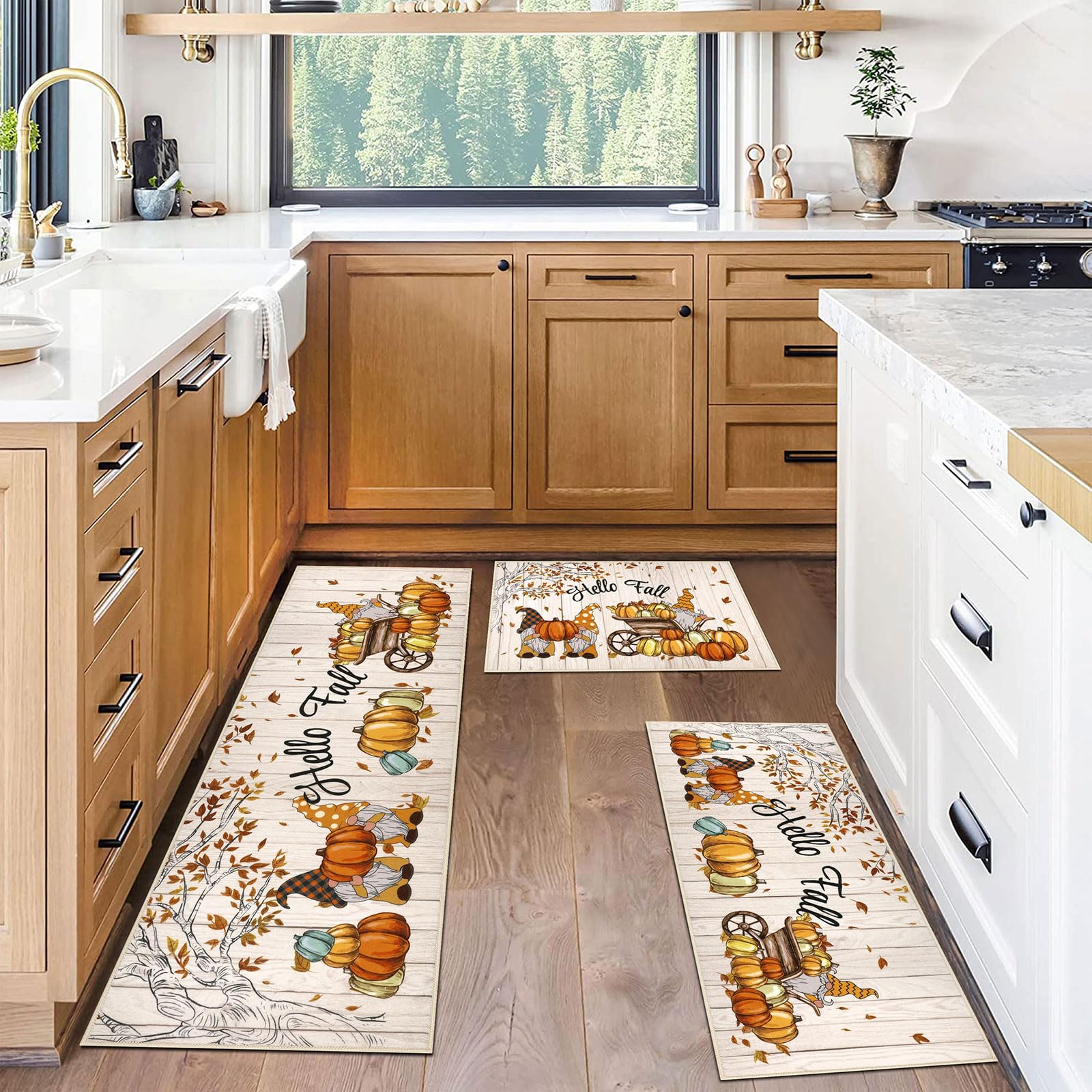 U Artlines Fall Kitchen Rugs with Runner Sets 3 Piece Farmhouse Pumpkin Seasonal Harvest Holiday Party Rugs and Mats Non Skid W