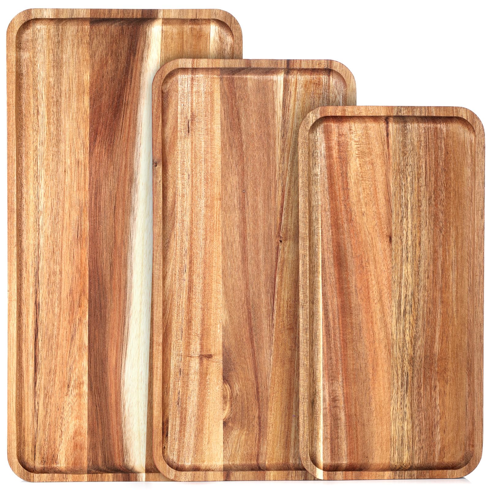 Leinuosen 3 Set Acacia Wooden Serving Platter Solid Wood Serving Trays Rectangular Charcuterie Boards Steak Wooden Plates For En