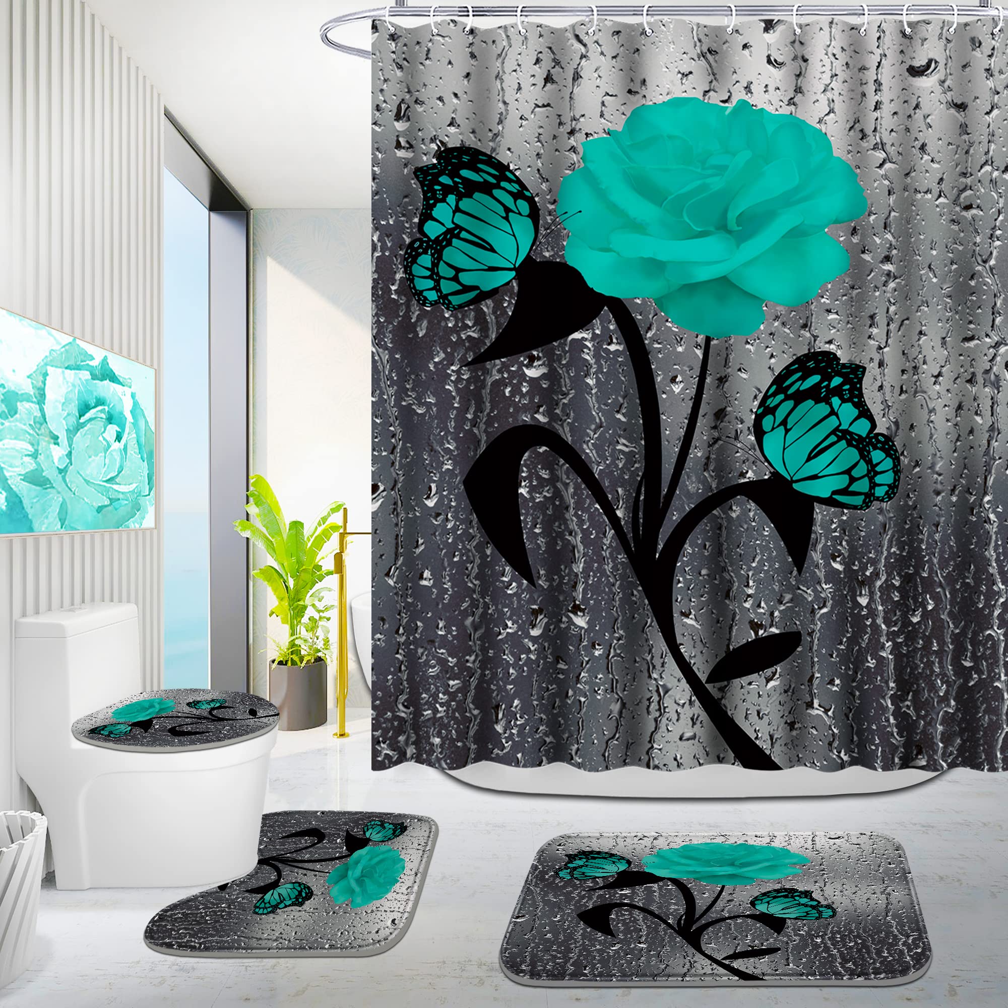 Poedist 4 Pcs Bathroom Set,Green Rose Shower Curtain Sets, Romantic Shower Curtain Sets With Rugs(Bath Mat,U Shape And Toilet Li