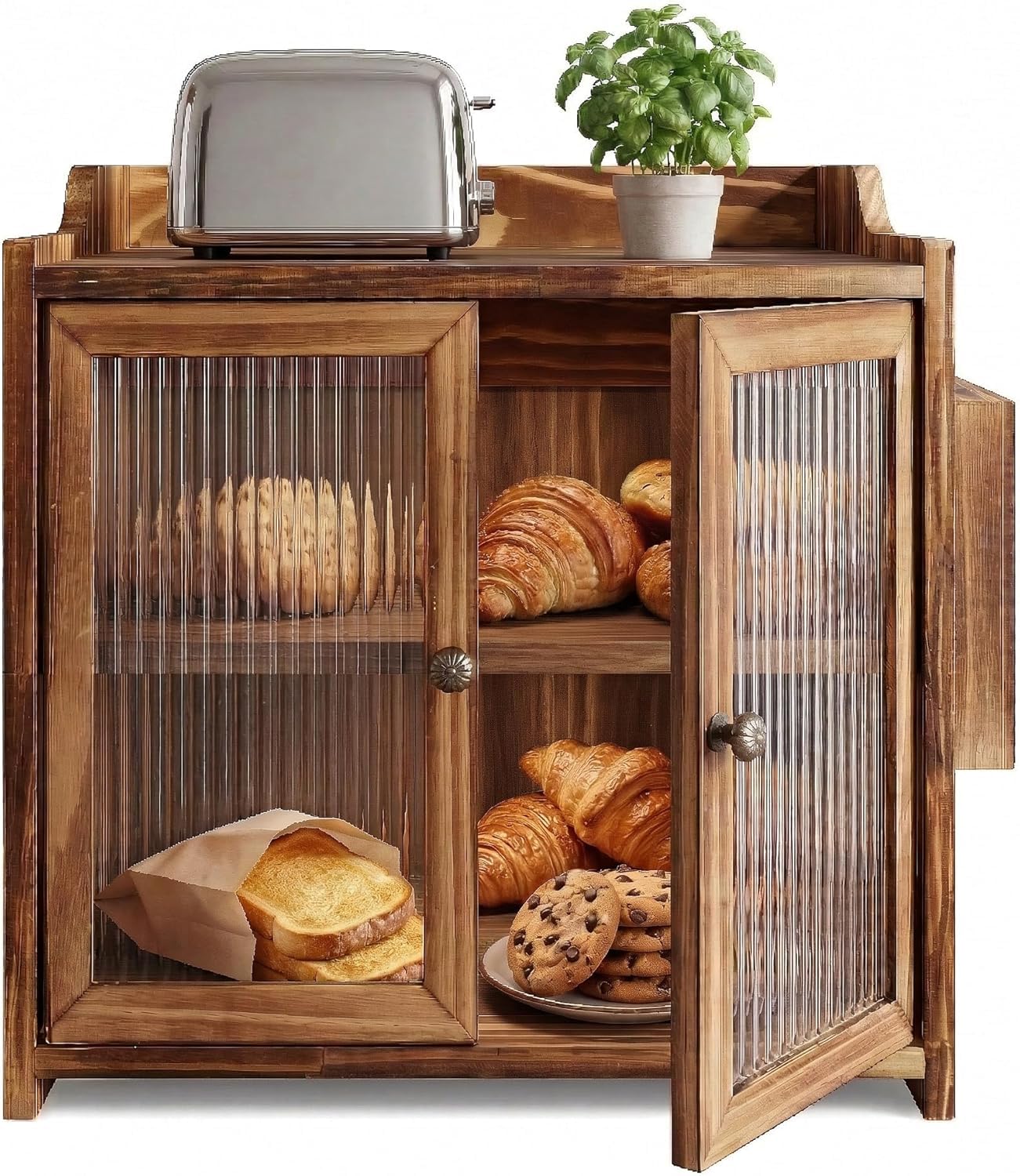 ZOOIQ Farmhouse Wooden Bread Box with Double Fluted Glass Doors, 2Tier Counter Corner Storage Cabinet, Rustic Kitchen Counterto