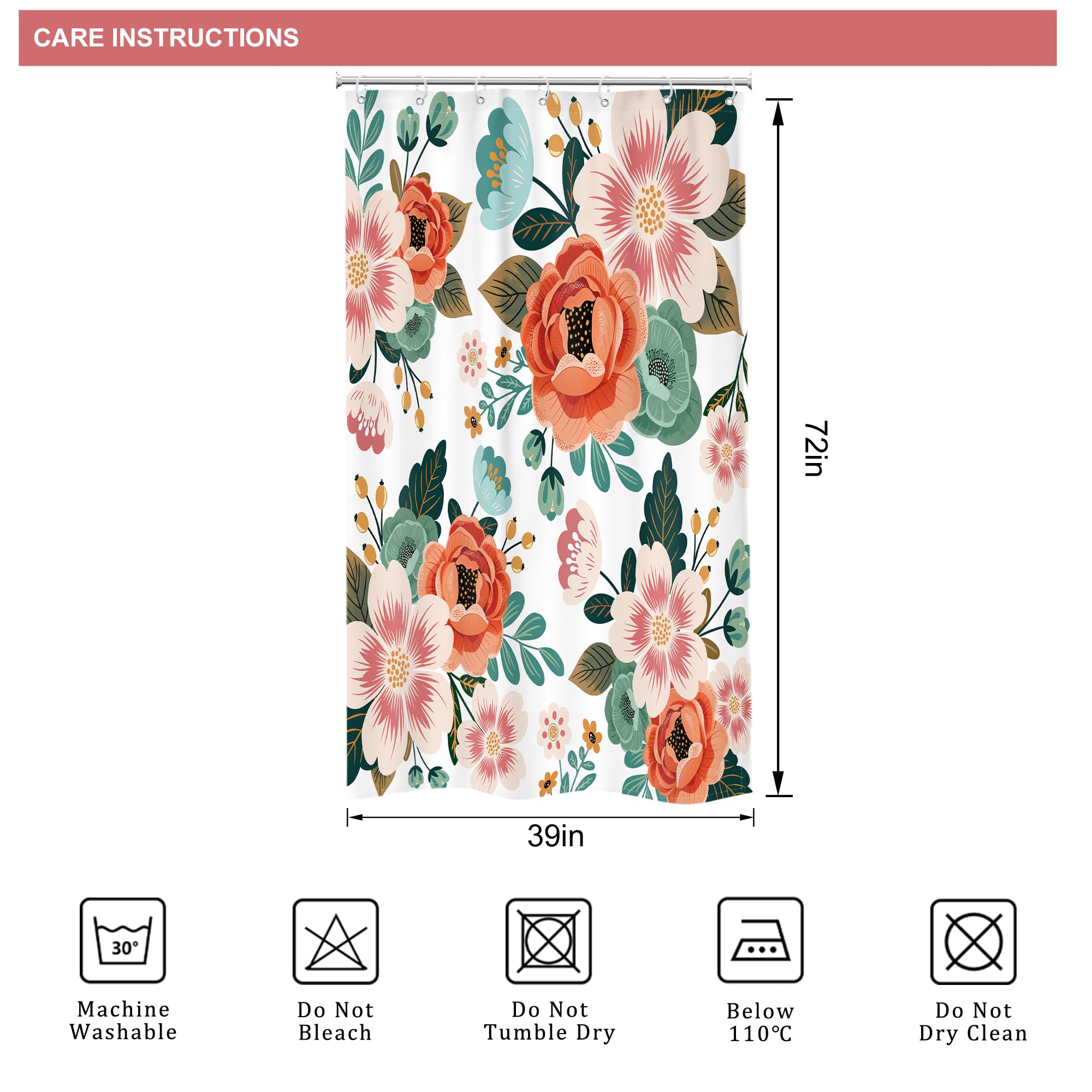 Riyidecor Small Stall Shower Curtain 36Wx72H Inch Half Narrow RV Spring Floral Flower Bathtub Decor Walkin Leaves Green Bathroom Decor Fabric Panel Polyester Waterproof 7 Pack Plastic Hooks WW-YHX9