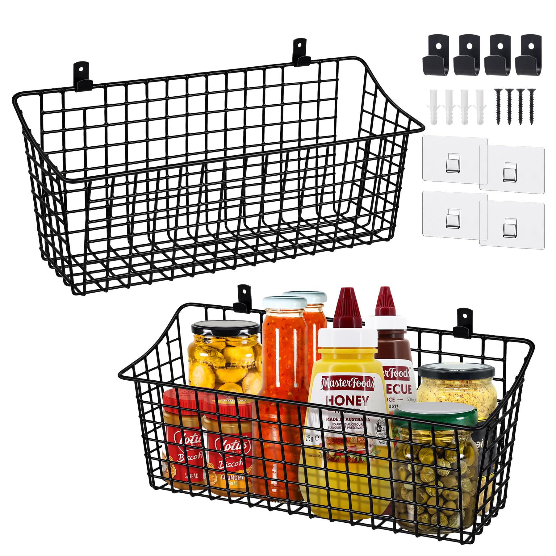 Large Wall Hanging Baskets 2 Set Rubber Coating Shelving Organizers(Black)