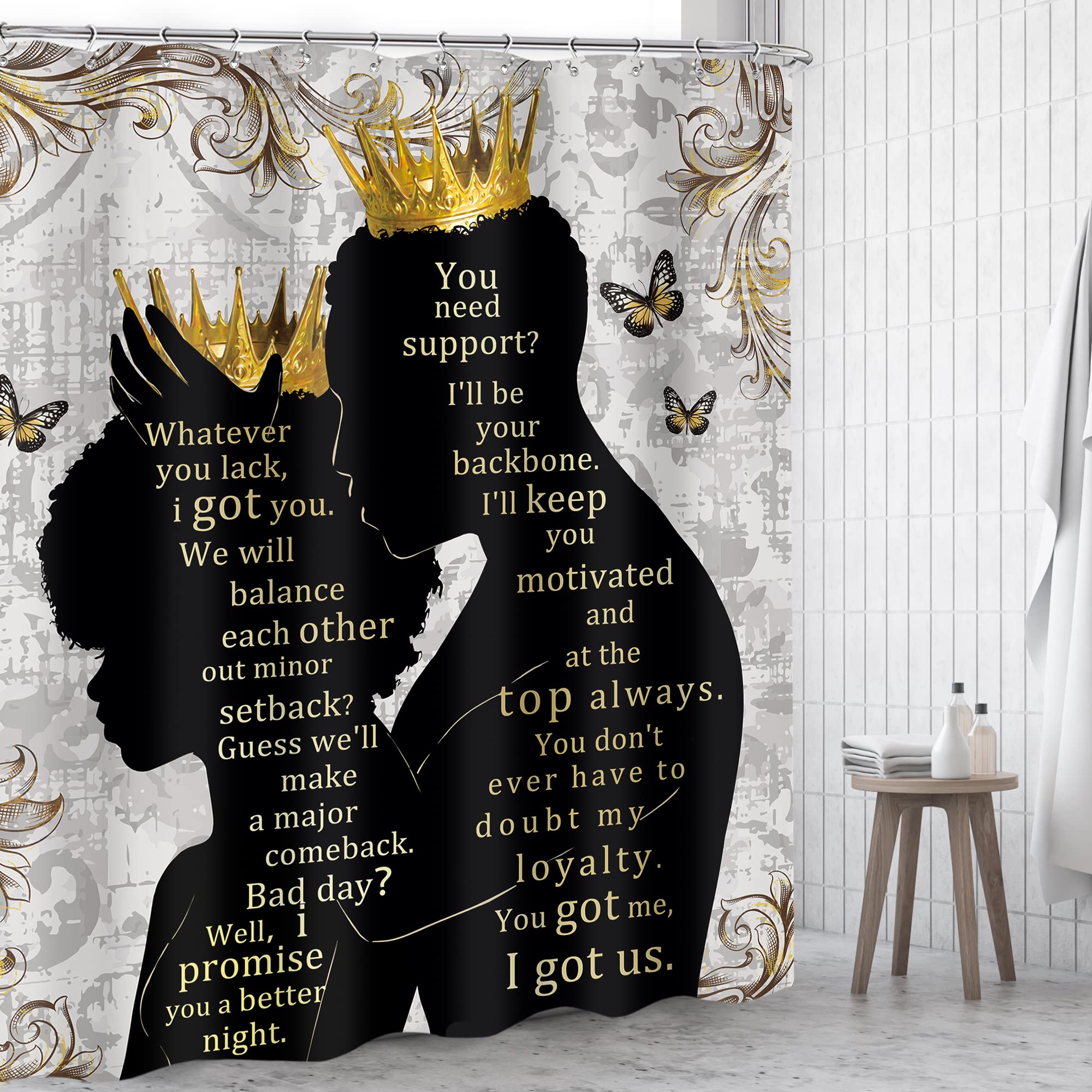 Omifly African American Women Men Shower Curtain 60Wx72H Inch Afro Black Queen King Luxury Gold Crown Inspirational Quotes Butte