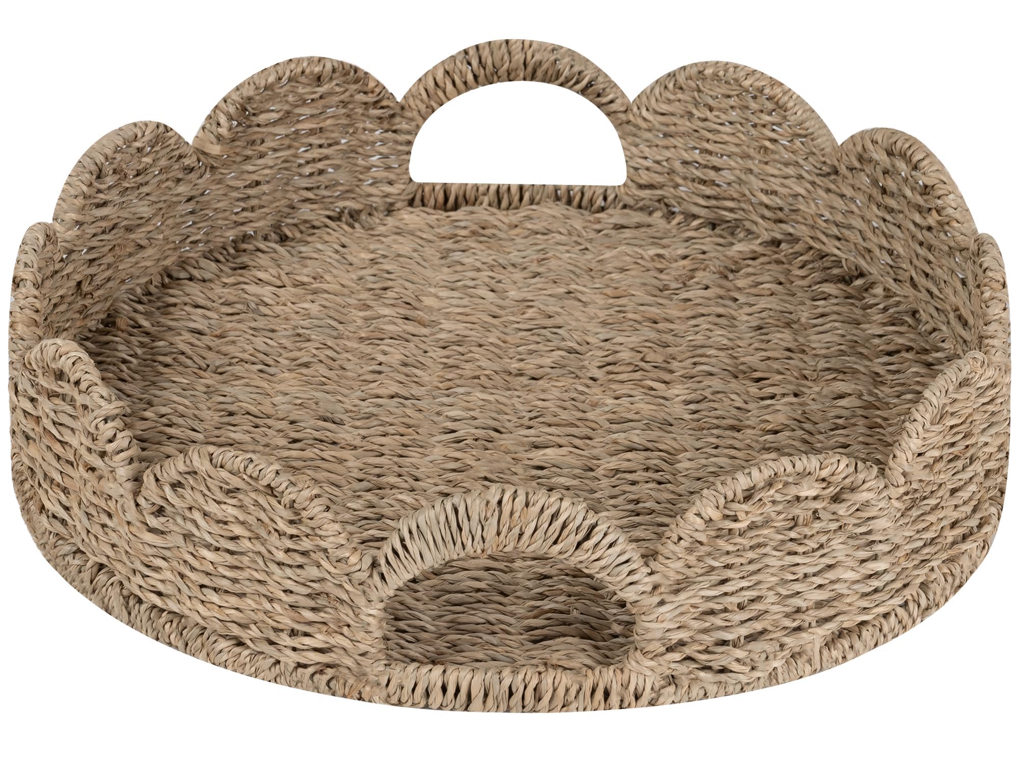 StorageWorks Round Wicker Scalloped Tray, Rattan Serving Trays with Handles, Seagrass Basket for Decorative & Organizing, 13 L x