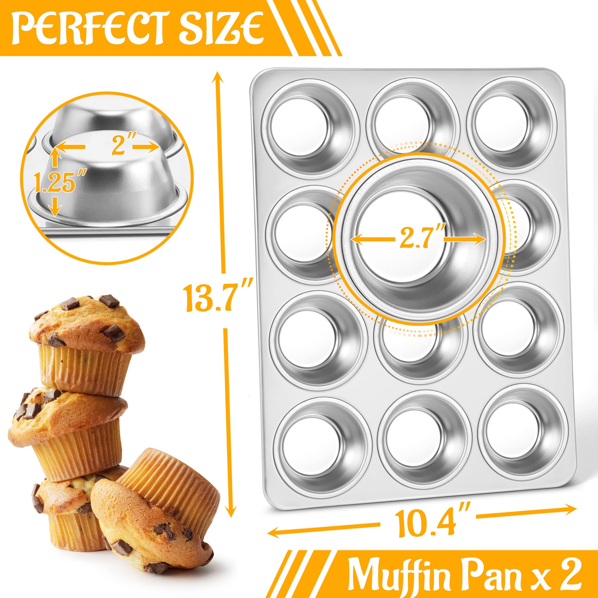E-Far Muffin Pan 12-Cup, Set Of 2, Stainless Steel Cupcake Pan Metal Muffin Baking Tins For Oven, Regular Size & Easy Clean, Non